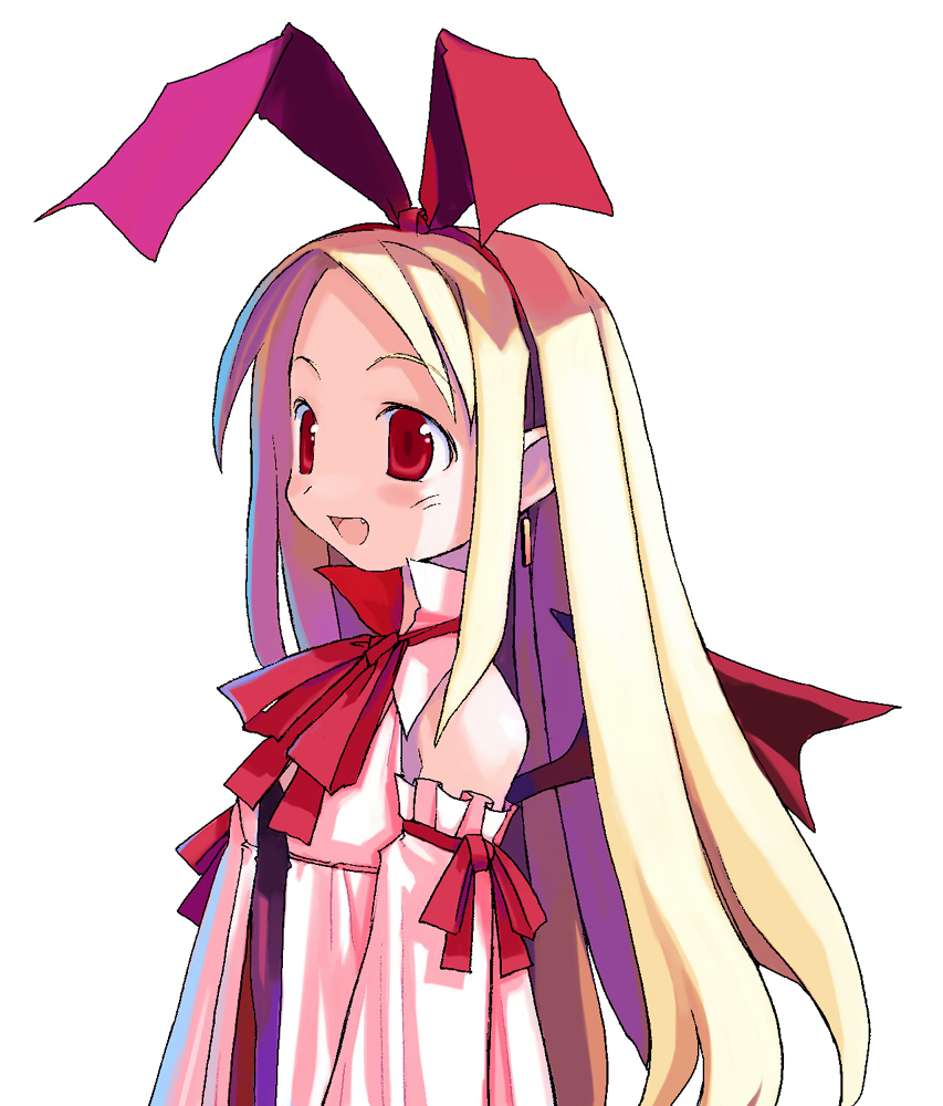 harada takehito, flonne, flonne (fallen angel), disgaea, makai senki disgaea, official art, 00s, 1girl, animal ears, blonde hair, detached sleeves, fallen angel, female focus, flat chest, long hair, rabbit ears, red eyes, red hair, red theme, ribbon, solo