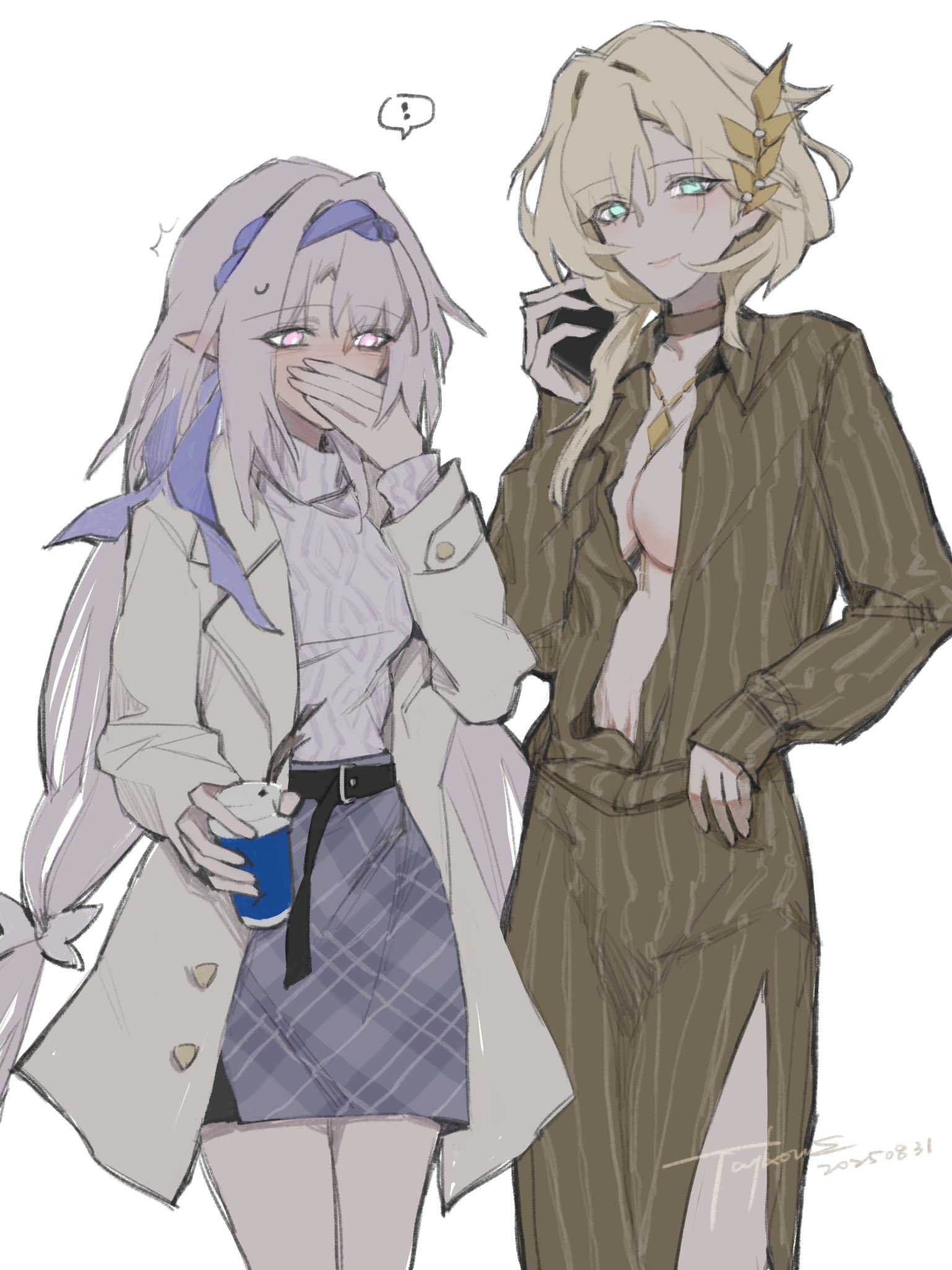 taykrome, aglaea (fashion) (honkai: star rail), aglaea (honkai: star rail), castorice (honkai: star rail), honkai: star rail, honkai (series), commentary, english commentary, highres, !, artist name, belt, black belt, blonde hair, blue eyes, blue hairband, blue skirt, bow, breasts, bright pupils, brown shirt, brown skirt, buttons, castorice (luckin coffee) (honkai: star rail), cellphone, closed mouth, coffee, collarbone, collared shirt, covering own mouth, cowboy shot, cup, dated, disposable coffee cup, disposable cup, gold choker, gold necklace, hair between eyes, hair bow, hairband, hand on own face, hand up, holding, holding cup, holding phone, jacket, jewelry, lapels, large breasts, laurel crown, long hair, long sleeves, looking at viewer, low-tied long hair, low twintails, medium breasts, necklace, official alternate costume, open clothes, open jacket, open shirt, phone, pink eyes, plaid clothes, plaid skirt, pointy ears, puffy long sleeves, puffy sleeves, purple hair, shirt, short hair, simple background, skirt, smartphone, smile, speech bubble, spoken exclamation mark, standing, striped clothes, striped shirt, striped skirt, surprised, sweatdrop, sweater, turtleneck, turtleneck sweater, twintails, white background, white bow, white jacket, white pupils, white sweater, yuri