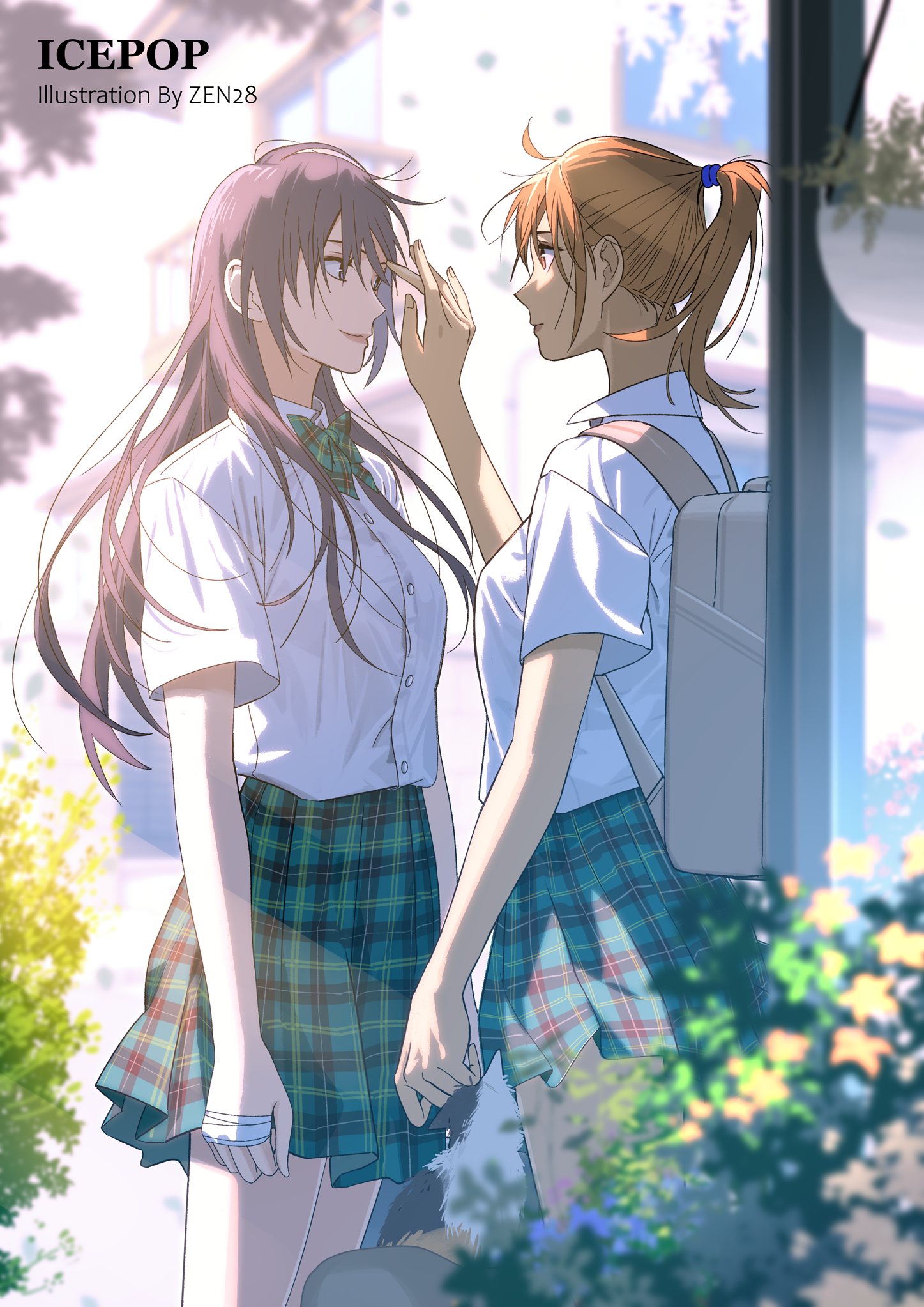 zxlai, original, commentary request, highres, 2girls, artist name, backpack, bag, bandaged hand, bandages, black hair, bow, bowtie, brown hair, closed mouth, collared shirt, day, eye contact, fingernails, green bow, green bowtie, green skirt, hair between eyes, hair over shoulder, hair tie, hand up, long bangs, long hair, looking at another, medium hair, multiple girls, outdoors, plaid bow, plaid bowtie, plaid clothes, plaid skirt, pleated skirt, ponytail, school uniform, shirt, shirt tucked in, short sleeves, skirt, smile, straight hair, white shirt, yuri