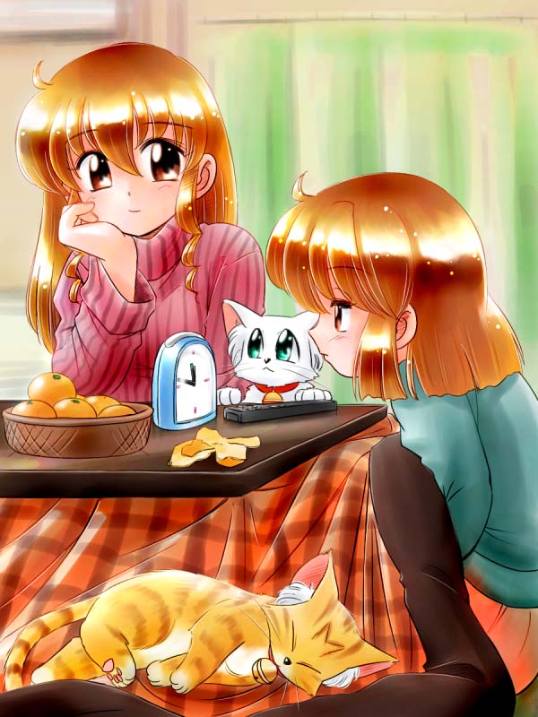 zan, original, 2girls, ahoge, brown eyes, brown hair, cat, clock, controller, food, fruit, head rest, kotatsu, mandarin orange, multiple girls, remote control, siblings, sisters, sitting, sleepy, sweater, table, turtleneck