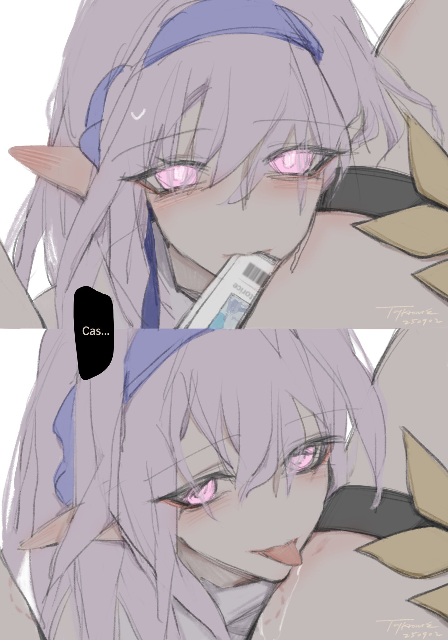 taykrome, aglaea (honkai: star rail), castorice (honkai: star rail), honkai: star rail, honkai (series), commentary, english commentary, highres, 2girls, artist name, bite mark, blue hairband, castorice (luckin coffee) (honkai: star rail), closed mouth, dated, english text, hair between eyes, hairband, id card, licking, long hair, looking at viewer, multiple girls, multiple views, official alternate costume, open mouth, pink eyes, pointy ears, purple hair, simple background, smile, solo focus, speech bubble, sweatdrop, sweater, thigh strap, tongue, tongue out, turtleneck, turtleneck sweater, white background, white sweater, yuri