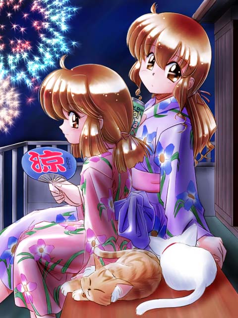 zan, original, 2girls, aerial fireworks, cat, fireworks, hand fan, japanese clothes, kimono, multiple girls, paper fan, siblings, sisters, sitting, sunset, uchiwa, yukata