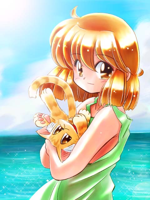zan, original, blush, cat, ocean, orange eyes, red hair, short hair, smile, solo