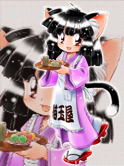 zan, original, traditional clothes, 1girl, animal ears, cat ears, cat tail, dated, female focus, solo, tabi, tail, tray, waitress, zoom layer