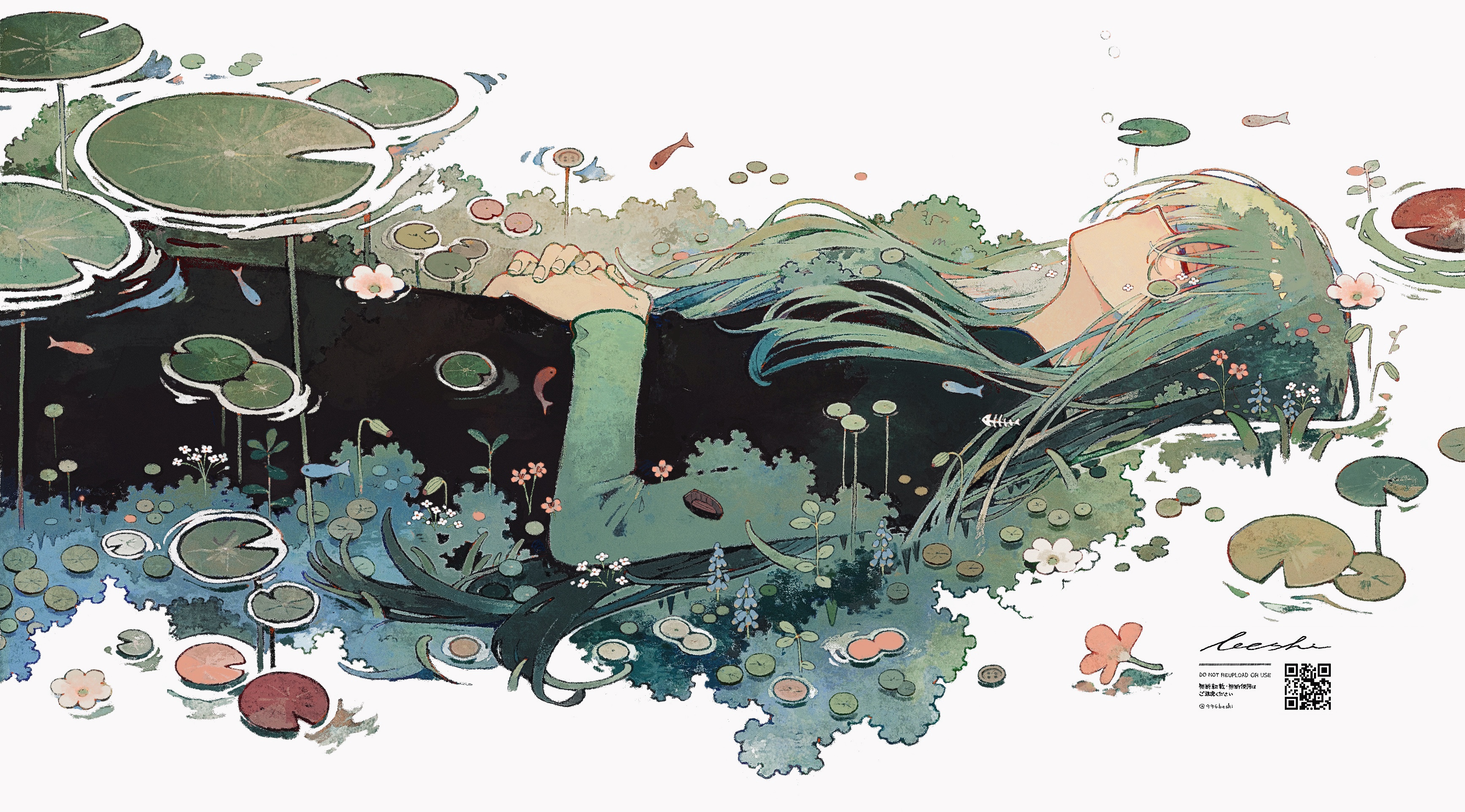 ka (996beshi), original, absurdres, highres, 1girl, black dress, closed eyes, dress, flower, from side, green hair, lily pad, long hair, long sleeves, lying, on back, own hands together, plant, qr code, signature, solo