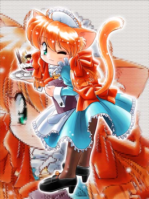 zan, original, 1girl, animal ears, brown pantyhose, cat ears, cat tail, dated, female focus, food, from side, ice cream, pantyhose, solo, tail, thighhighs, tray, waitress, zoom layer