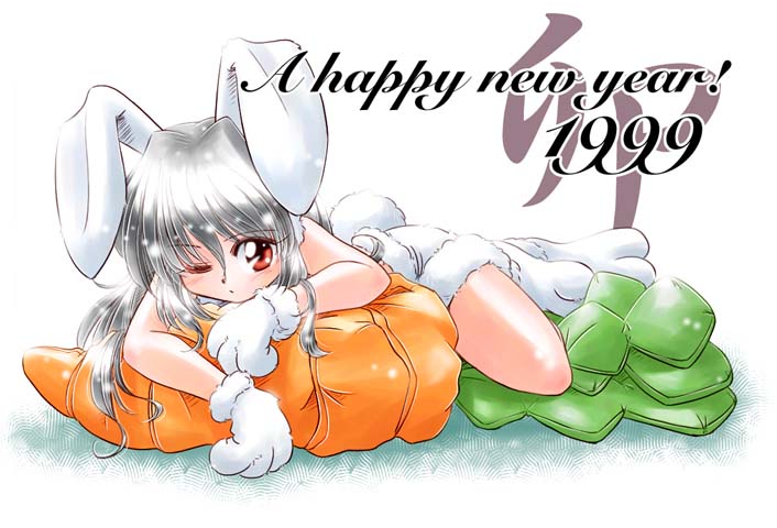 zan, original, tagme, animal ears, animal hands, carrot, new year, rabbit ears, sleepy, solo, white background