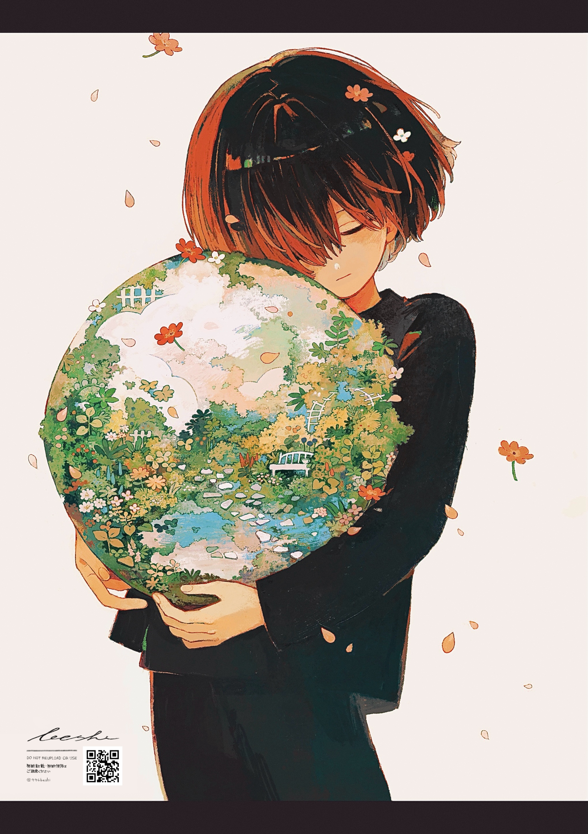 ka (996beshi), original, absurdres, highres, 1boy, bench, black pants, black shirt, brown hair, closed eyes, closed mouth, cowboy shot, flower, garden, hair over one eye, holding, long sleeves, male focus, one eye covered, pants, petals, plant, red flower, shirt, solo, standing