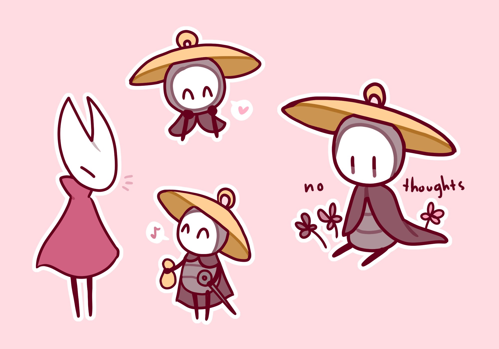 hornet (hollow knight), hollow knight, hollow knight: silksong, highres, 1boy, 1girl, black eyes, cane, cloak, english text, flower, hat, heart, musical note, pink background, sherma (hollow knight), spoken heart