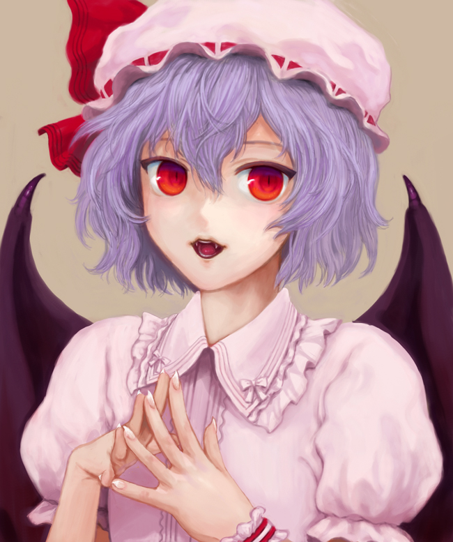 kuroi nyan, remilia scarlet, touhou, 1girl, bat wings, blue hair, fangs, female focus, fingernails, long fingernails, nail (hardware), purple hair, red eyes, sharp fingernails, solo, steepled fingers, wings