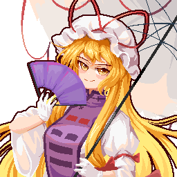 edz drawz, yakumo yukari, touhou, lowres, blonde hair, bow, dress, folding fan, hair bow, hand fan, hat, hat ribbon, looking at viewer, mob cap, parasol, pixel art, purple dress, purple tabard, ribbon, smile, tabard, trigram, umbrella, yellow eyes