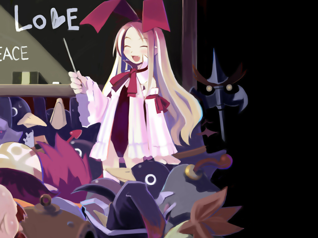 harada takehito, carter (disgaea), flonne, flonne (fallen angel), longinus (disgaea), maderas (disgaea), prinny, vulcanus (disgaea 1), disgaea, makai senki disgaea, official art, official wallpaper, 00s, 1girl, :d, ^ ^, ahoge, arm ribbon, arms up, bald, bird, black hair, blonde hair, blush, breasts, brown hair, chalk, chalkboard, closed eyes, closed mouth, demon girl, demon wings, detached sleeves, dress, english text, eraser, facial hair, fang, frills, hair ribbon, hairband, happy, hat, heart, holding, leotard, long hair, mini wings, multicolored hair, multiple boys, mustache, neck ribbon, open clothes, open dress, open mouth, penguin, pointer, pointy ears, polearm, purple hair, red hair, red leotard, ribbon, short dress, short hair, sidelocks, small breasts, smile, solo focus, spiked hair, standing, stitches, teacher, thick eyebrows, thighhighs, two-tone hair, very long hair, wavy hair, weapon, white thighhighs, wide sleeves, wings