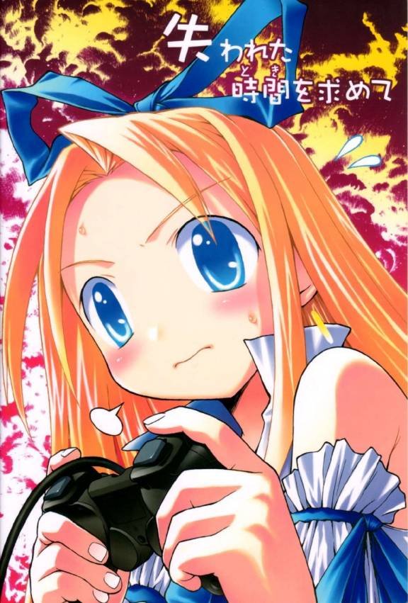 cloth tsugutoshi, flonne, disgaea, makai senki disgaea, 00s, 1girl, blue eyes, playing games, ribbon, solo, video game