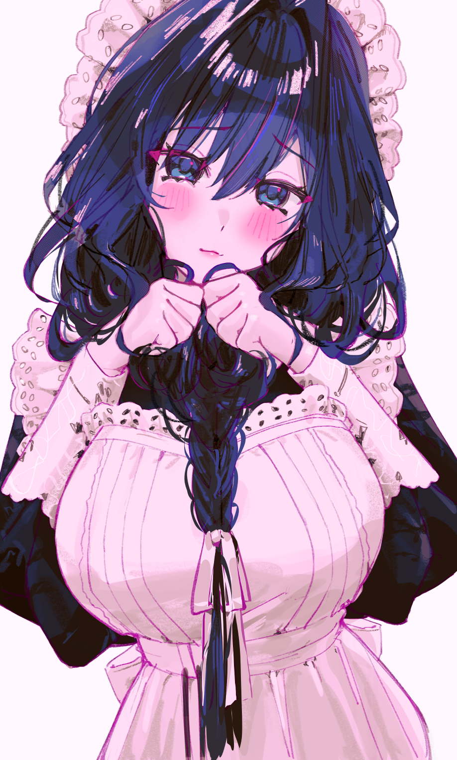 waytok, ouro kronii, ouro kronii (maid), hololive, hololive english, commentary, english commentary, highres, 1girl, apron, black dress, black hair, blue eyes, blue hair, blush, braid, breasts, clenched hands, closed mouth, colored lineart, dress, hair intakes, hair ribbon, hands up, large breasts, long hair, long sleeves, looking at viewer, maid, maid headdress, own hands together, pink lips, raised inner eyebrows, ribbon, shy, simple background, smile, twin braids, twintails, virtual youtuber, wavy hair, white apron, white background, white ribbon