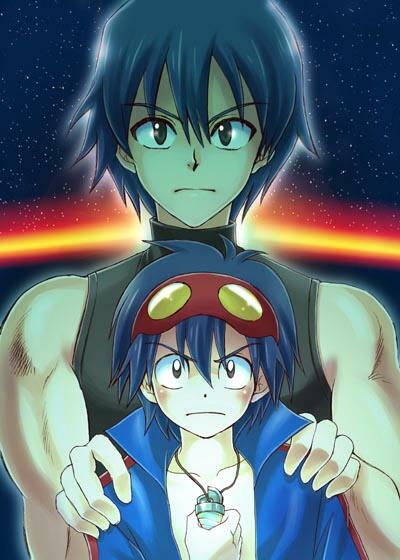 simon (ttgl), tengen toppa gurren lagann, 00s, aged down, aged up, amulet, core drill, drill, dual persona, glowing, jewelry, male focus, necklace, space, star (symbol), time paradox