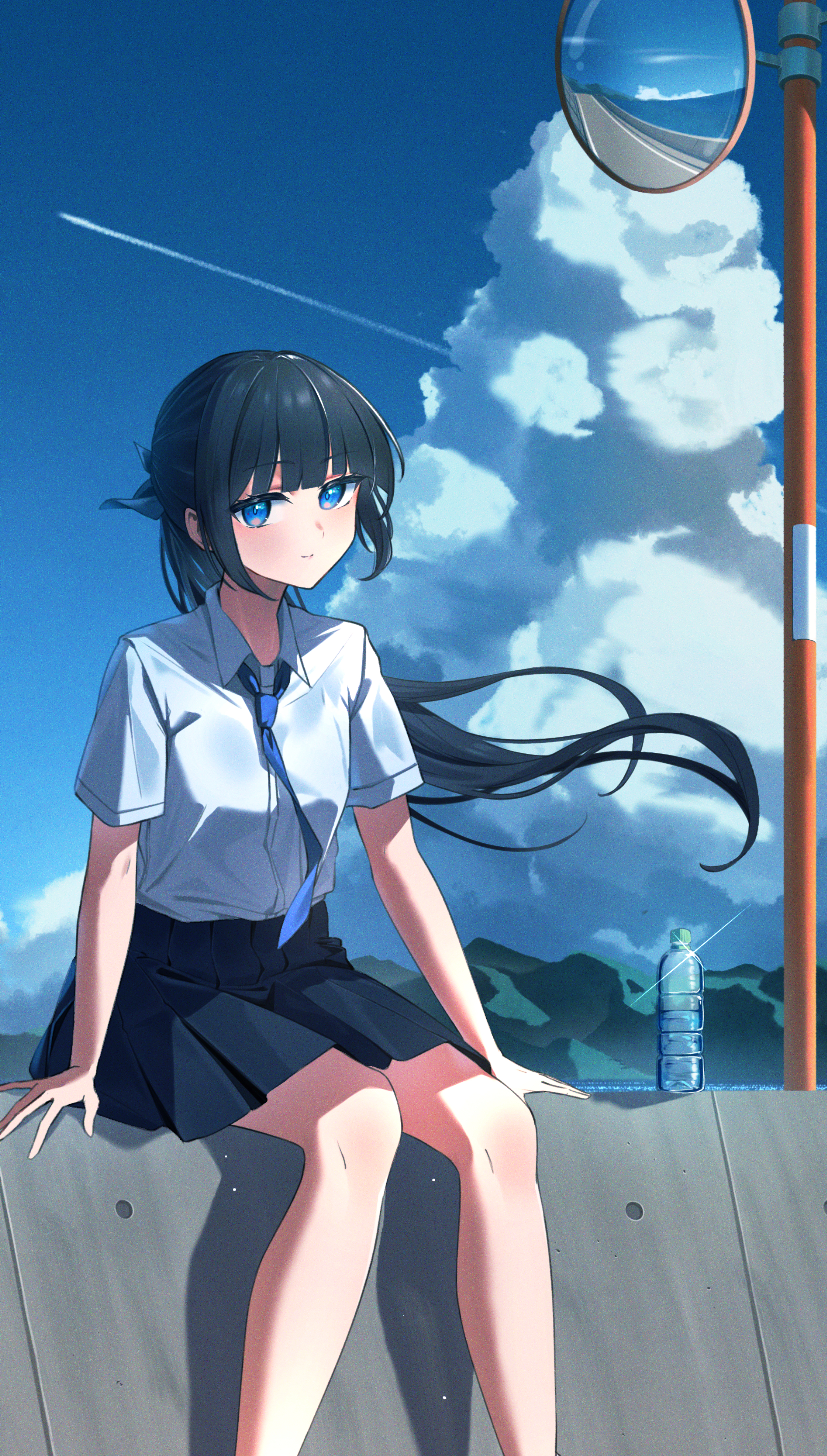 rubisco, original, absurdres, commentary request, highres, 1girl, bare legs, black hair, blue bow, blue eyes, blue necktie, blue skirt, blue sky, bottle, bow, breasts, closed mouth, cloud, collared shirt, contrail, day, feet out of frame, floating hair, hair bow, long hair, looking at viewer, mirror, mountain, necktie, outdoors, pleated skirt, pole, ponytail, reflection, school uniform, shirt, short sleeves, sidelocks, sitting, skirt, sky, small breasts, smile, solo, water, water bottle, white shirt