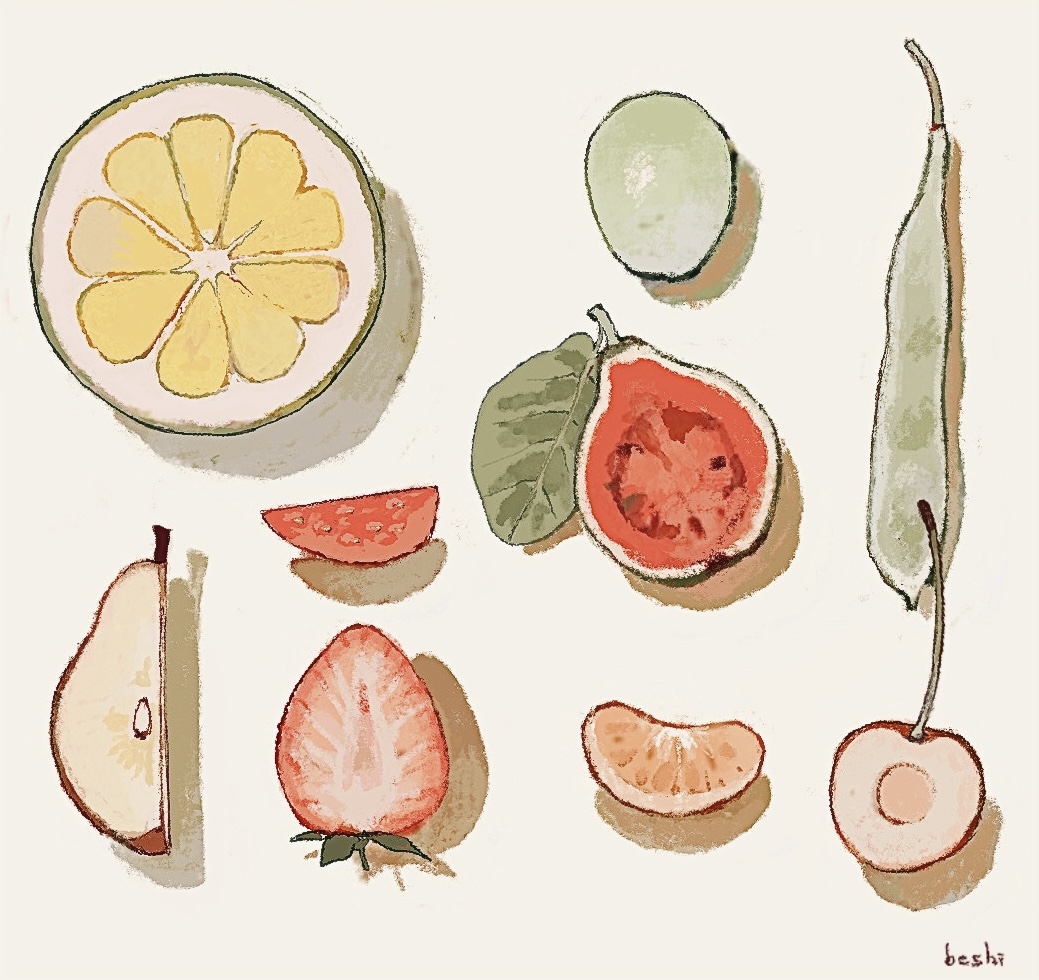 ka (996beshi), original, artist name, cherry, fig, food, fruit, lemon, lemon slice, mandarin orange slice, no humans, pear slice, signature, still life, strawberry, strawberry slice