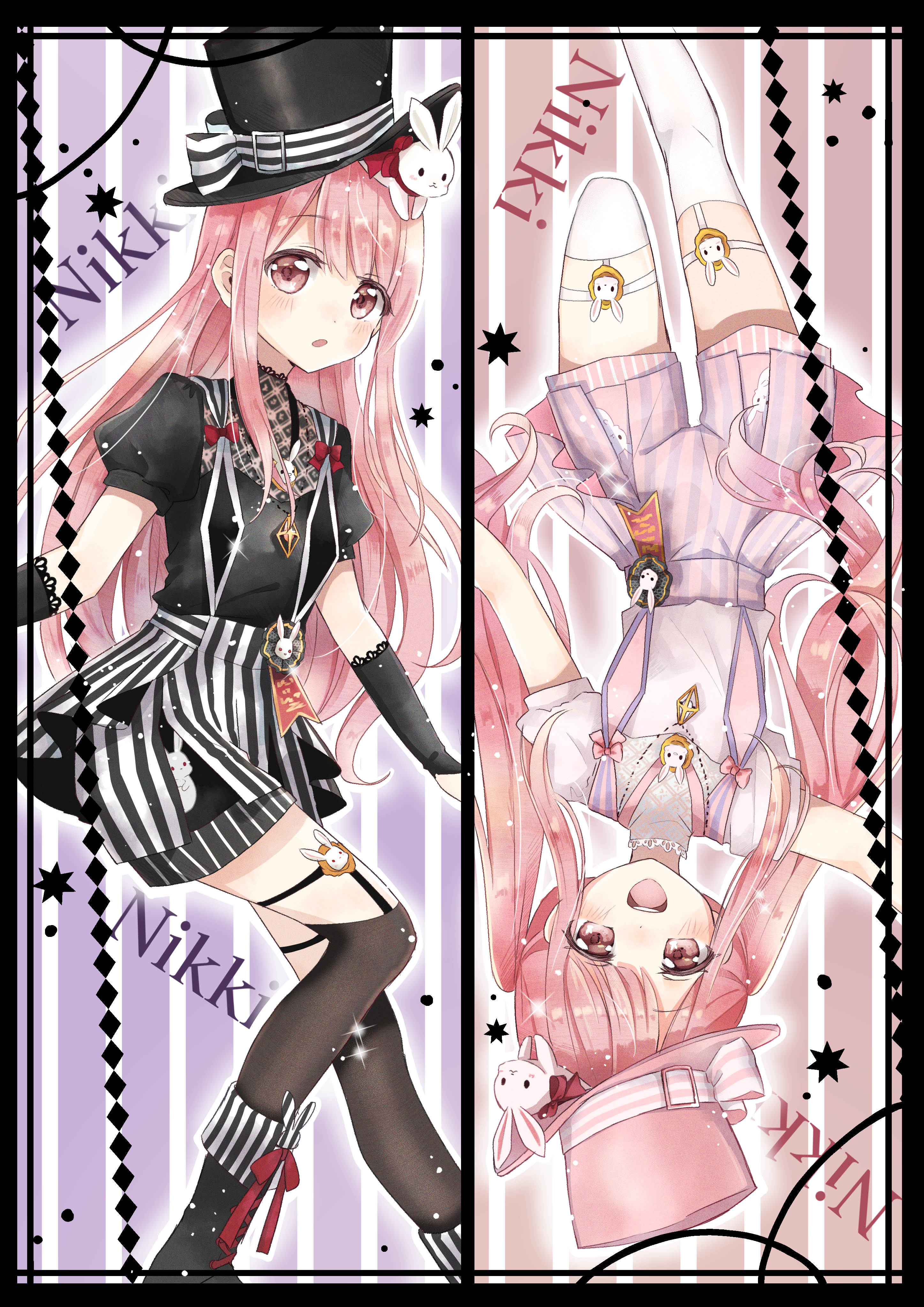 nikki (nikki), nikki (series), shining nikki, absurdres, highres, 2girls, :o, bib collar, black arm warmers, black boots, black border, black collar, black hat, black shirt, black shorts, black socks, boots, border, bow, brown eyes, buckle, character name, collar, dual persona, feet out of frame, footwear bow, full body, hair ornament, hat, hat bow, homu (pixiv 61217676), jewelry, lace-trimmed arm warmers, lace collar, light blush, light particles, long hair, long sideburns, looking at viewer, multiple girls, necklace, official alternate color, open mouth, outline, outstretched arms, over-kneehighs, pink background, pink hair, pink hat, pink shorts, puffy short sleeves, puffy sleeves, purple background, rabbit hair ornament, red bow, ribbed socks, sailor collar, shirt, short sleeves, shorts, sideburns, skirt, socks, soul magic (shining nikki), sparkle, striped background, striped bow, striped clothes, striped shorts, suspender shorts, suspender skirt, suspenders, tareme, thigh strap, thighhighs, top hat, torn clothes, torn socks, twintails, two-tone background, two-tone shorts, upside-down, vertical-striped background, vertical-striped clothes, vertical-striped shorts, very long hair, white bow, white outline, white sailor collar, white shirt, white shorts, white thighhighs