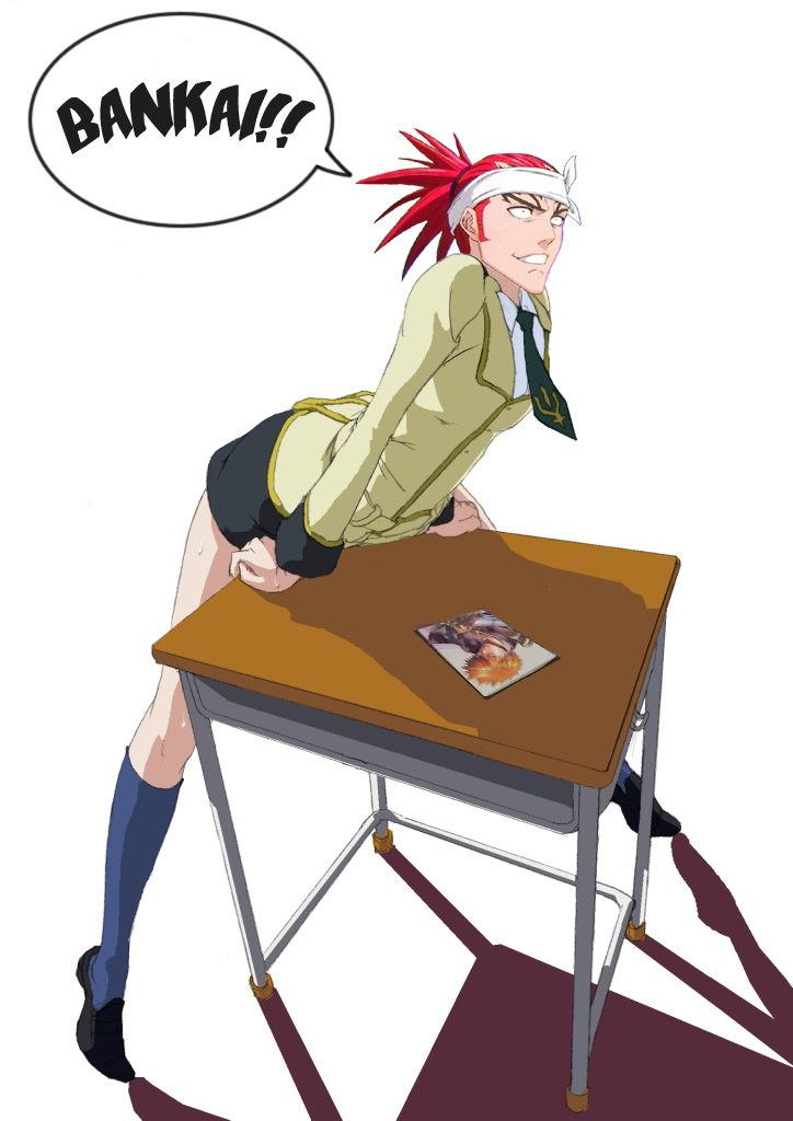 abarai renji, kurosaki ichigo, bleach, code geass, gender request, third-party edit, 1boy, bankai, crossdressing, crotch rub, desk, genderswap, kneehighs, male focus, masturbation, necktie, parody, photo (object), school uniform, serafuku, shadow, shoes, solo, table humping, tiptoes, what