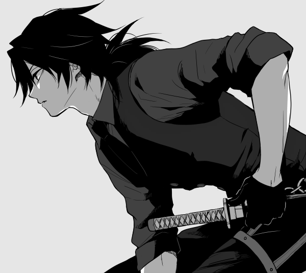 sinba (ying-hua), tomioka giyuu, kimetsu no yaiba, 1boy, alternate costume, black gloves, black hair, black pants, black vest, close-up, gloves, grey background, grey shirt, greyscale, holding, holding sword, holding weapon, katana, low ponytail, male focus, monochrome, pants, ponytail, profile, shirt, simple background, solo, spiked hair, sword, vest, weapon