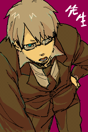 ginko (mushishi), mushishi, lowres, 1boy, cigarette, formal clothes, glasses, hair over one eye, male focus, pink background, simple background, smoking, solo, suit