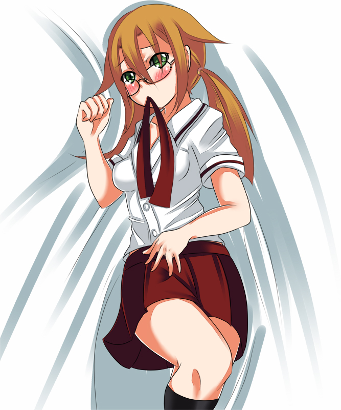 johnny funamushi, azuma satori, bamboo blade, 00s, glasses, lying, mouth hold, school uniform, serafuku, solo