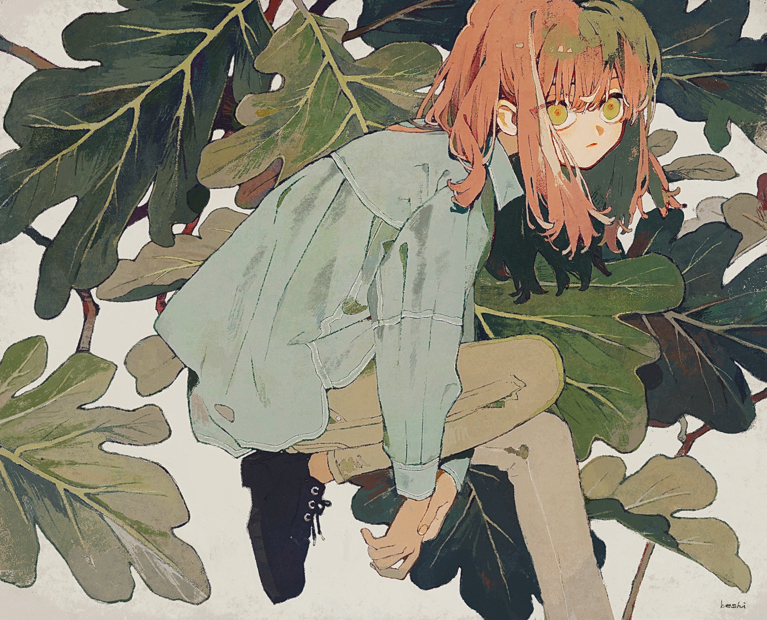 ka (996beshi), original, highres, 1girl, black shoes, closed mouth, collared shirt, leaf, long hair, long sleeves, looking at viewer, orange hair, pants, plant, shirt, shoes, signature, solo, white shirt, yellow eyes