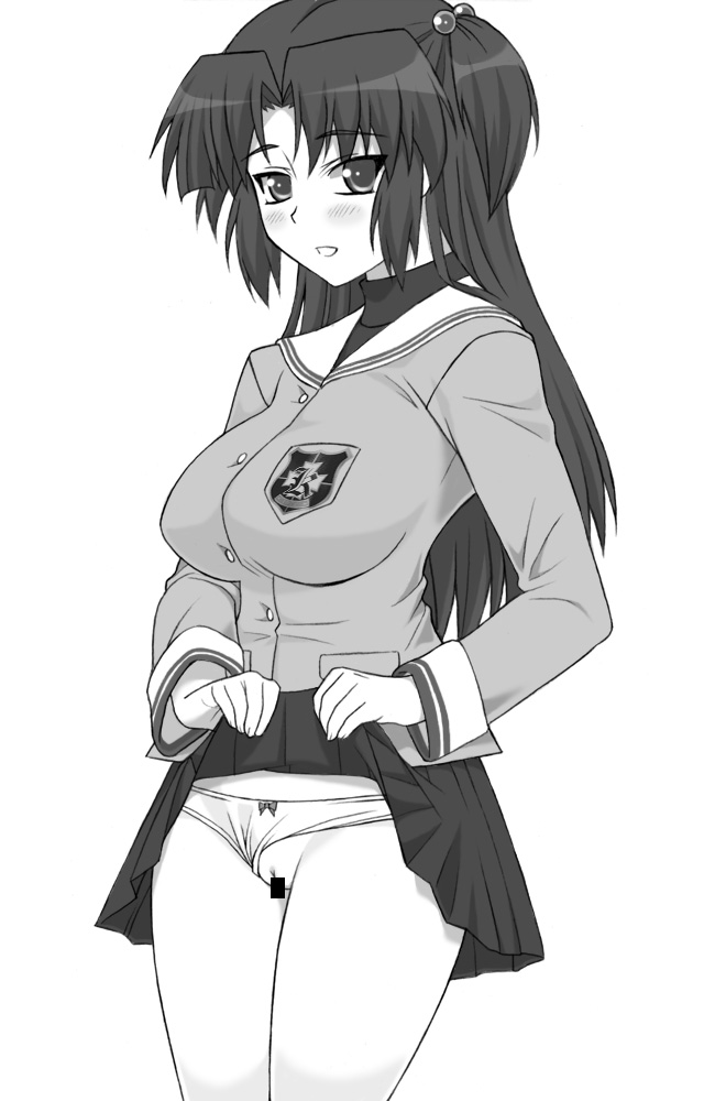 shichimenchou, ichinose kotomi, clannad, 00s, 1girl, censored, clothes lift, clothing aside, female focus, greyscale, hair bobbles, hair ornament, monochrome, panties, panties aside, panty pull, pussy, school uniform, serafuku, skirt, skirt lift, solo, two side up, underwear