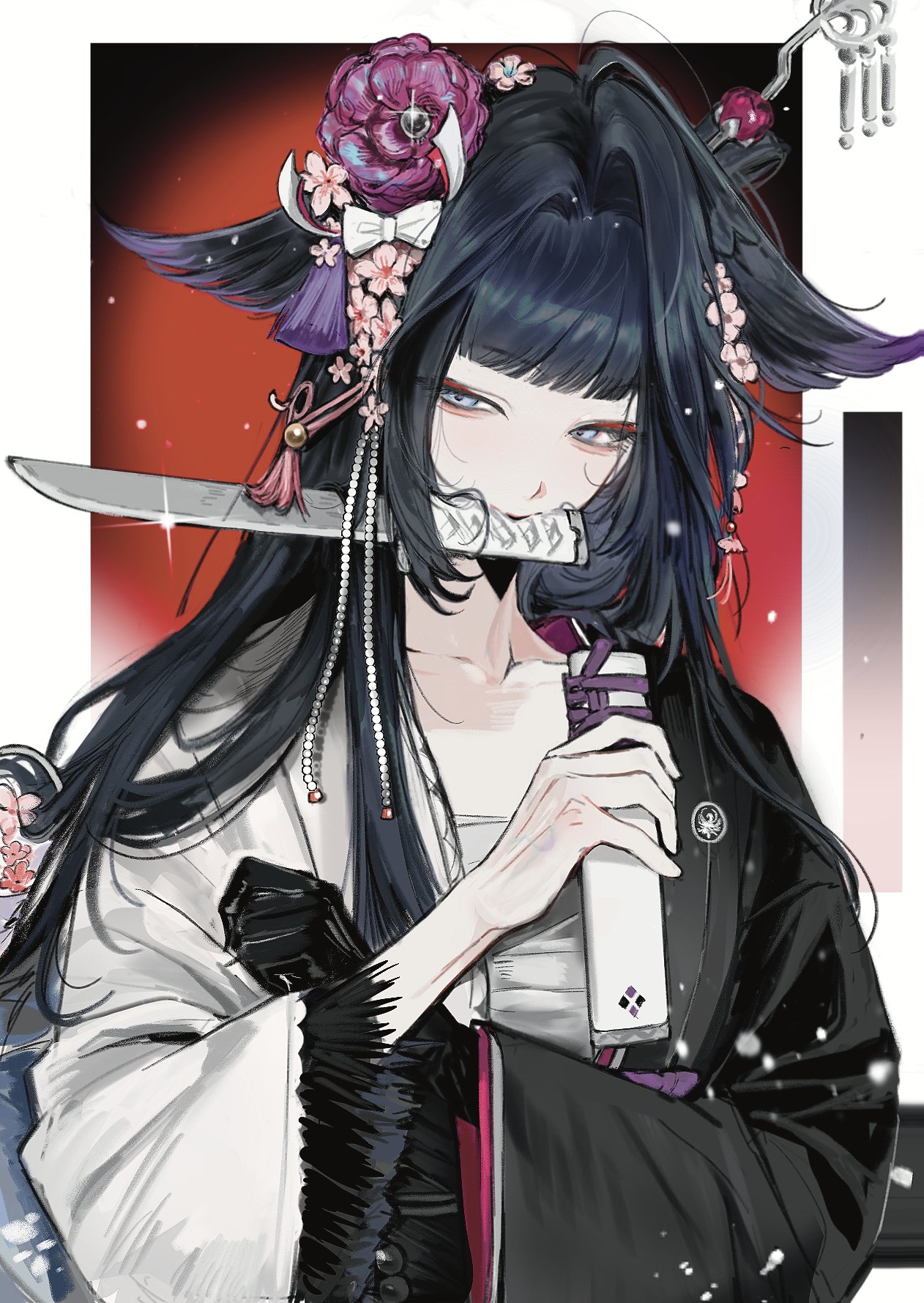 siy (shengxiu760722), mio (arknights), arknights, commentary, highres, 1girl, animal ears, black hair, blue eyes, blunt bangs, collarbone, flower, hair flower, hair intakes, hair ornament, hair stick, holding, knife, knife in mouth, long hair, long sleeves, looking at viewer, mouth hold, sarashi, solo, sword, upper body, watermark, weapon, weibo username, weibo watermark, wide sleeves