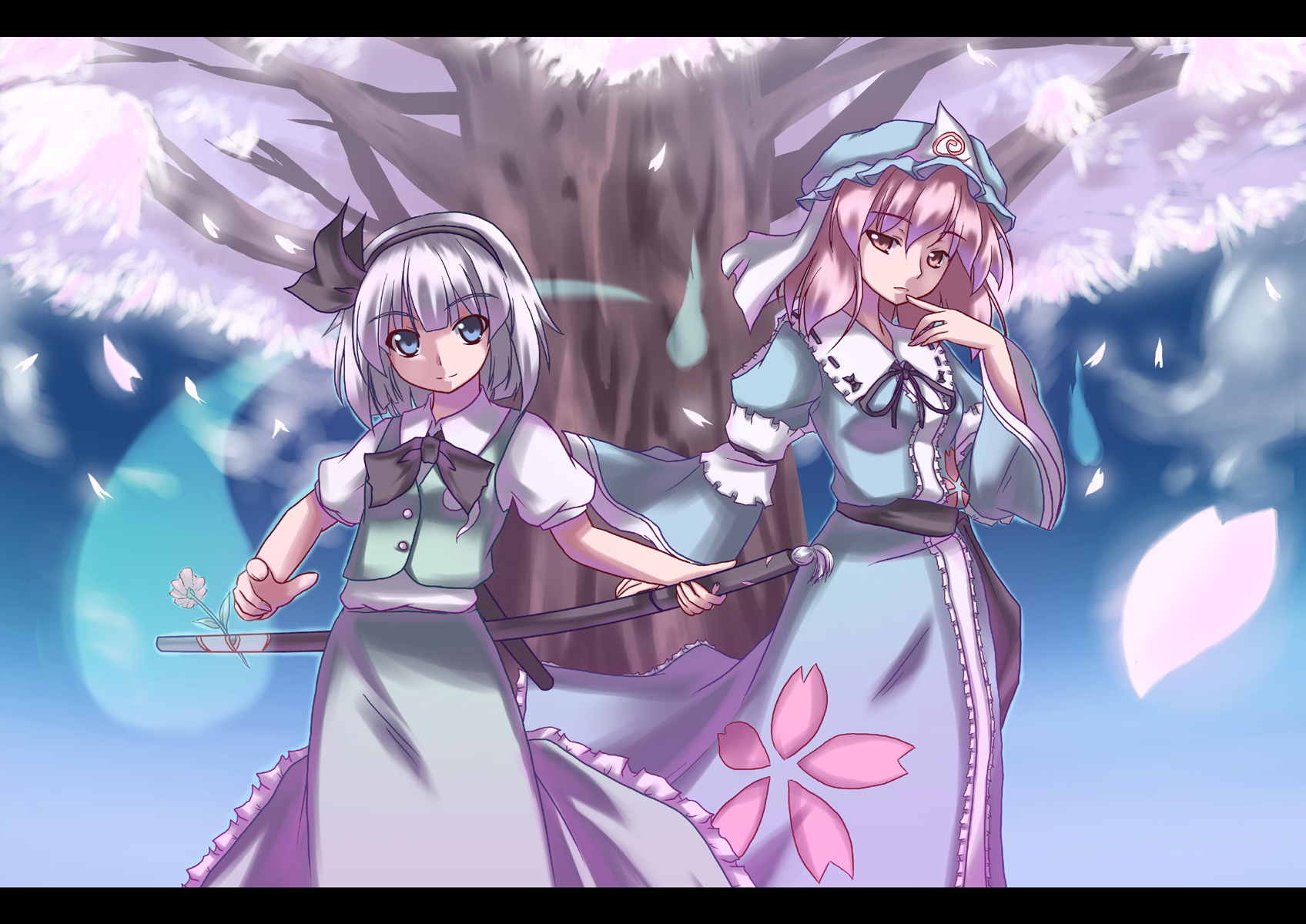 akiyasu, konpaku youmu, konpaku youmu (ghost), saigyouji yuyuko, touhou, highres, 2girls, cherry blossoms, dress, female focus, gradient background, hat, letterboxed, multiple girls, nature, outdoors, plant, skirt, touhuya