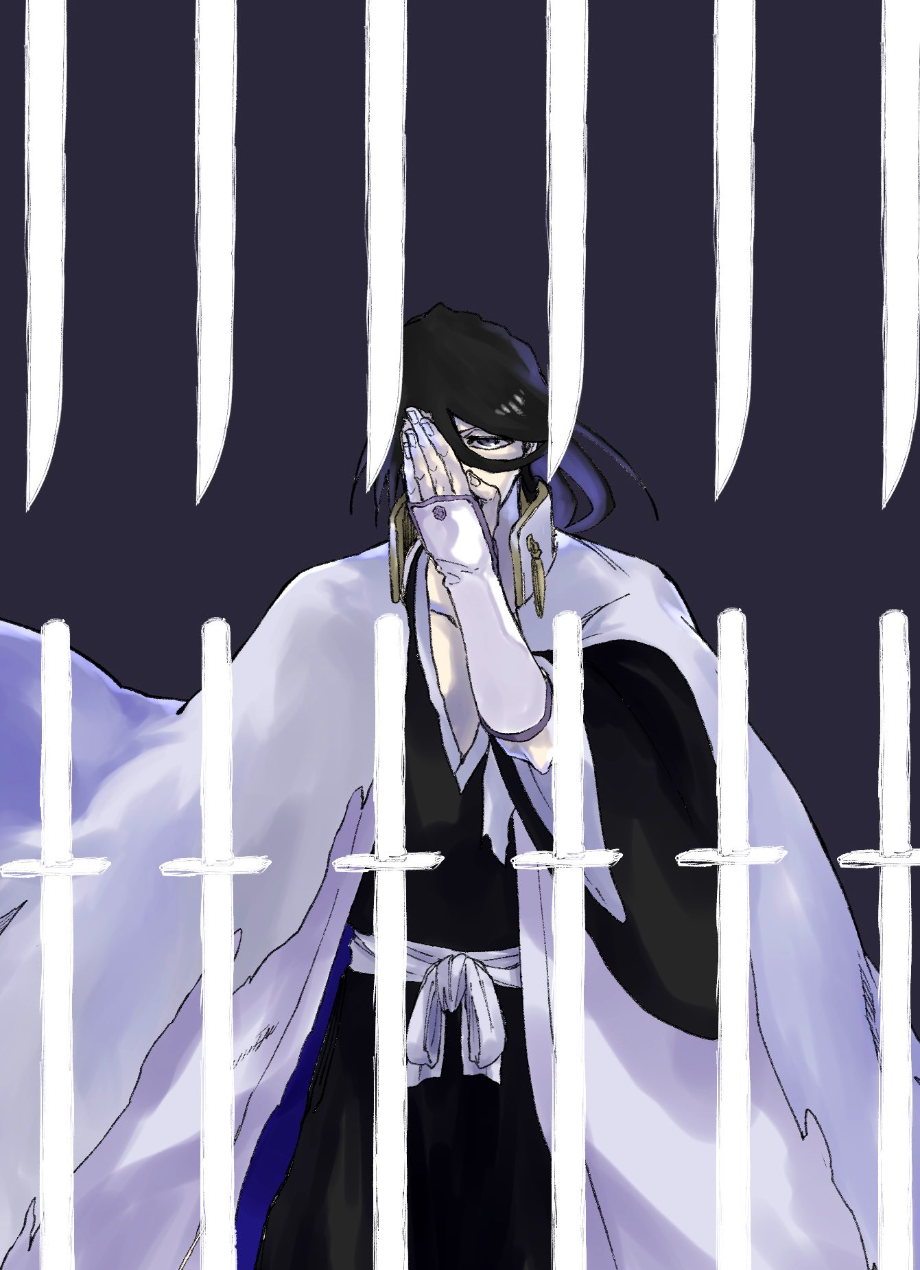 mitu hide43, kuchiki byakuya, bleach, bleach: sennen kessen-hen, highres, 1boy, bankai, black hair, black hakama, black kimono, cloak, floating, floating object, floating sword, floating weapon, hair between eyes, hakama, hand up, haori, japanese clothes, kimono, looking at viewer, obi, purple eyes, sash, senbonzakura kageyoshi (bankai), shihakusho, solo, sword, taichou haori, tassel, weapon, white haori, white sash