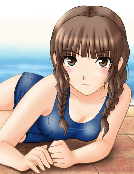 neopure, mizusawa mao, kimi kiss, 1girl, braid, female focus, hair over shoulder, one-piece swimsuit, school swimsuit, solo, swimsuit, twin braids, twintails
