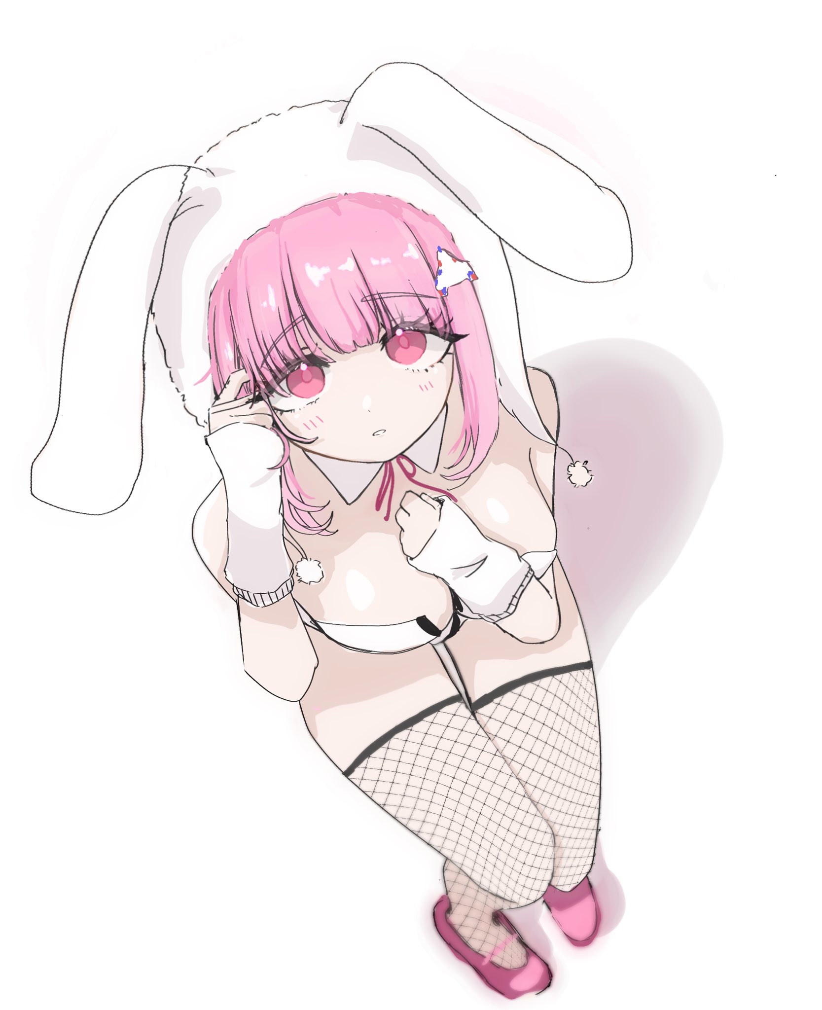 nureta cat, nanami chiaki, danganronpa (series), danganronpa 2: goodbye despair, highres, 1girl, animal ears, animal hood, bare shoulders, fishnet thighhighs, fishnets, flipped hair, hair ornament, hood, looking at viewer, medium hair, pink eyes, pink hair, rabbit ears, rabbit hood, ribbon, shiny skin, shoes, solo, thighhighs