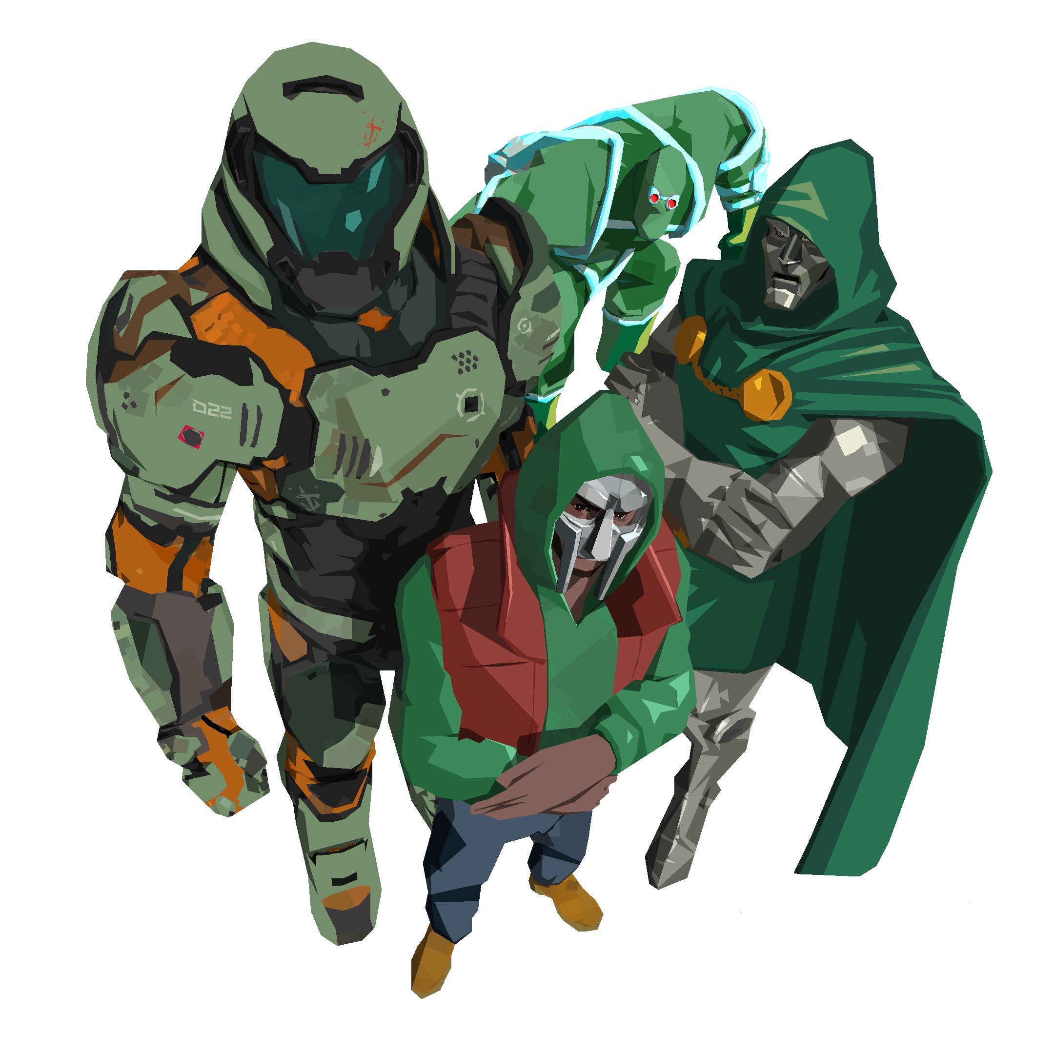 2gbram, doctor doom, doomguy, doomsday (dc), dc comics, doom (2016), doom (series), fantastic four, marvel, real life, commentary, highres, symbol-only commentary, 4boys, armor, assault visor, cape, color connection, crossover, dark-skinned male, dark skin, eyes in shadow, full armor, giant, gloves, glowing, glowing eyes, green armor, green cape, green hood, green hoodie, green jacket, grey mask, helmet, hood, hood up, hooded cape, hoodie, jacket, looking at viewer, male focus, mask, metal gloves, mf doom, mf doom (person), monster, multiple boys, multiple crossover, muscular, muscular male, power armor, praetor suit, red eyes, scowl, space marine, spandex