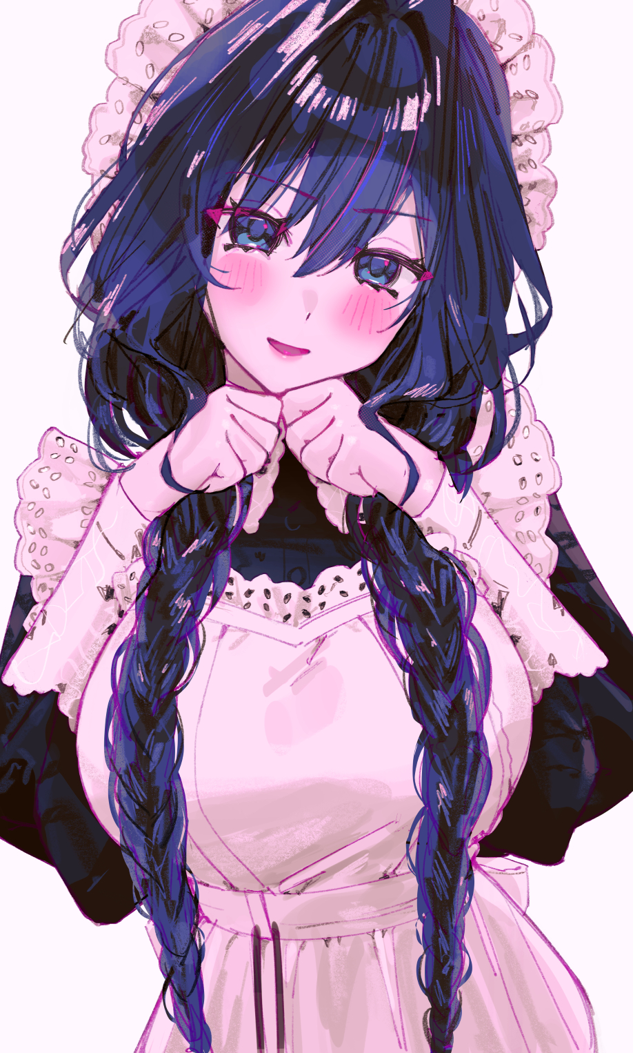 waytok, ouro kronii, ouro kronii (maid), hololive, hololive english, commentary, english commentary, highres, 1girl, apron, black dress, blue eyes, blue hair, blush, braid, breasts, dress, hair intakes, hands up, large breasts, long hair, long sleeves, looking at viewer, open mouth, simple background, smile, twin braids, twintails, virtual youtuber, white apron, white background