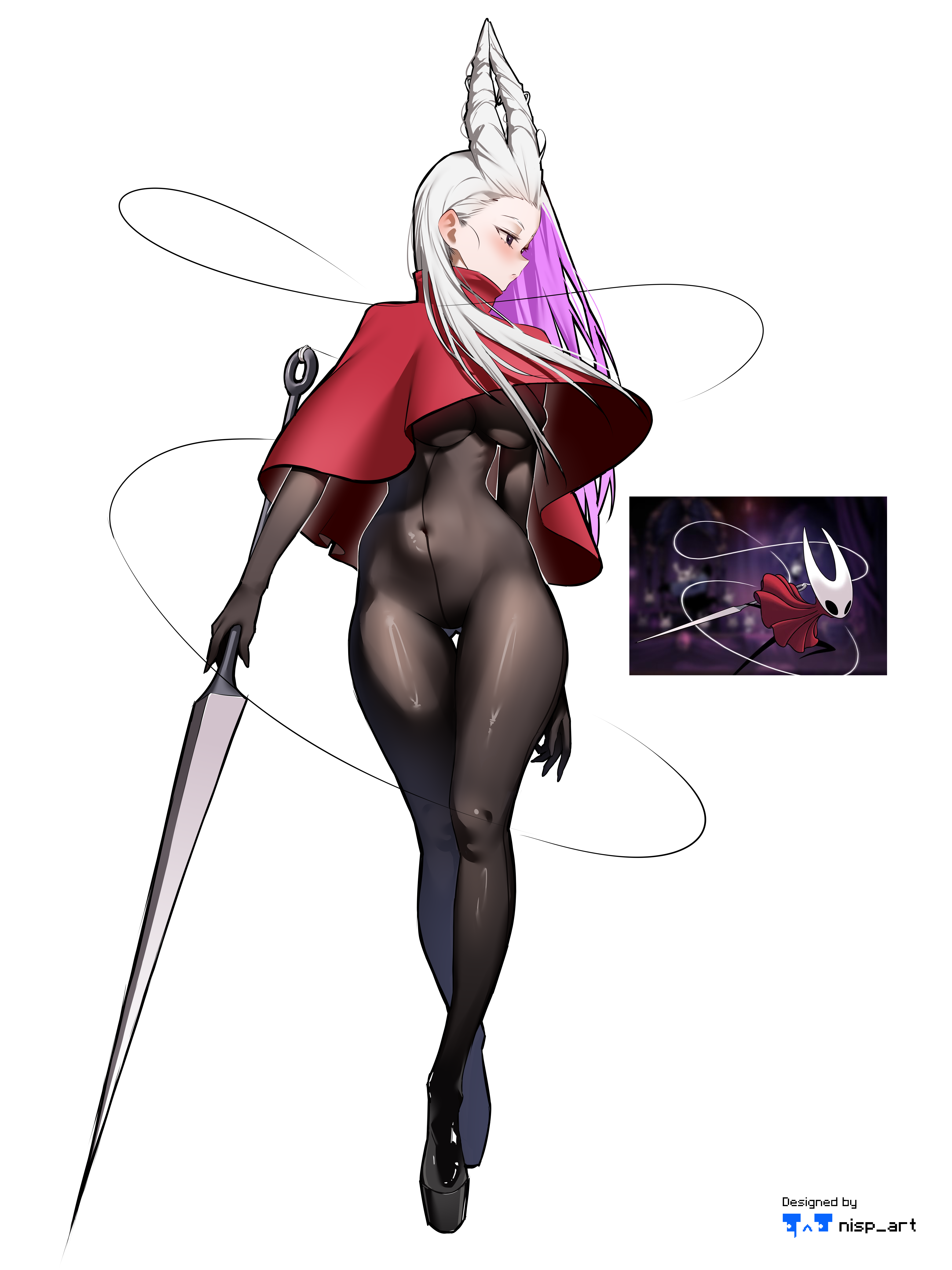 nisp art, hornet (hollow knight), hollow knight, hollow knight: silksong, absurdres, commentary, highres, 1girl, artist name, black eyes, bodystocking, breasts, cloak, closed mouth, colored inner hair, covered navel, crossed ankles, full body, gluteal fold, grey hair, hair horns, holding, holding weapon, humanization, long hair, looking to the side, medium breasts, multicolored hair, needle (hollow knight), profile, purple hair, red cloak, reference inset, standing, thigh gap, two-tone hair, very long hair, weapon, white background
