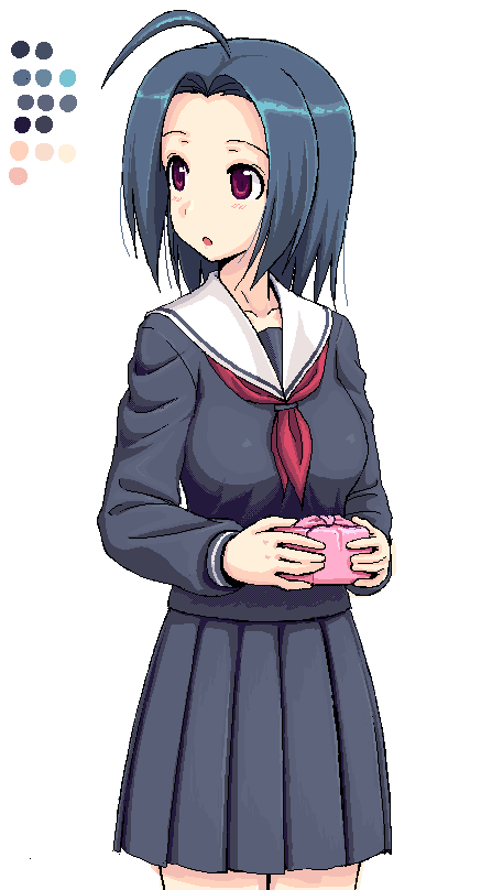 takayaki, miura azusa, idolmaster, idolmaster (classic), idolmaster 1, 00s, 1girl, aged down, ahoge, bento, color guide, female focus, oekaki, school uniform, serafuku, simple background, skirt, solo