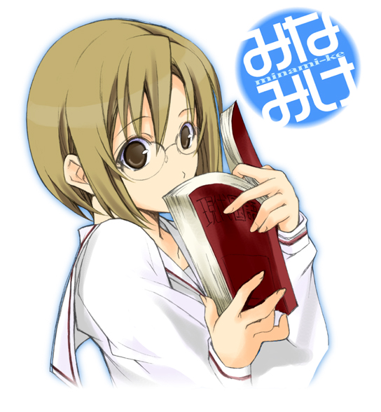 shiino yui, keiko (minami-ke), minami-ke, 00s, 1girl, blonde hair, blush, book, brown eyes, covering own mouth, female focus, glasses, holding, holding book, long sleeves, looking at viewer, open book, rimless eyewear, simple background, solo, surprised, text focus, upper body, white background