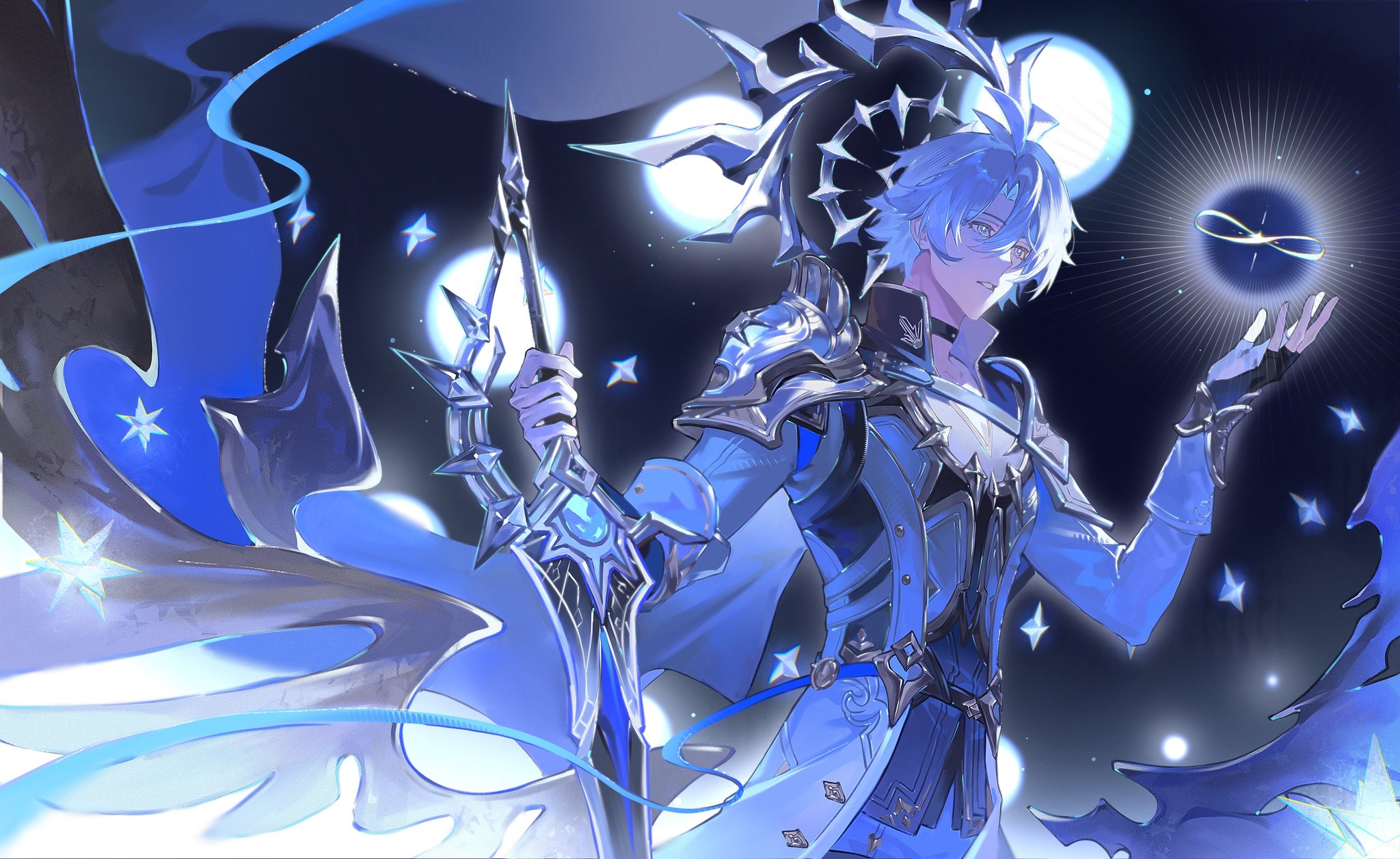 hsgbjisuw, phainon (honkai: star rail), honkai: star rail, honkai (series), commentary, english commentary, highres, 1boy, amphoreus (honkai: star rail), antenna hair, armor, asymmetrical wings, black background, black choker, black gloves, blue cape, blue eyes, cape, choker, crossed bangs, dawnmaker (honkai: star rail), detached wings, fingerless gloves, floating cape, gloves, hair between eyes, halo, halo behind head, hands up, holding, holding sword, holding weapon, jacket, long sleeves, looking to the side, low wings, male focus, mobius strip, short hair, shoulder armor, single glove, solo, standing, star (symbol), sun symbol, sword, teeth, weapon, white hair, white jacket, wings