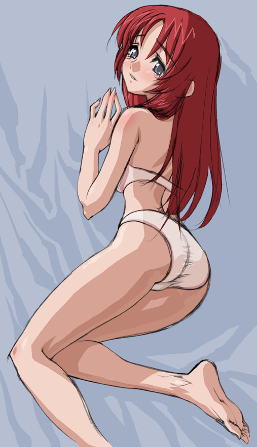 takashi akira, original, 1girl, barefoot, bra, feet, female focus, lingerie, panties, red hair, sketch, solo, underwear, underwear only