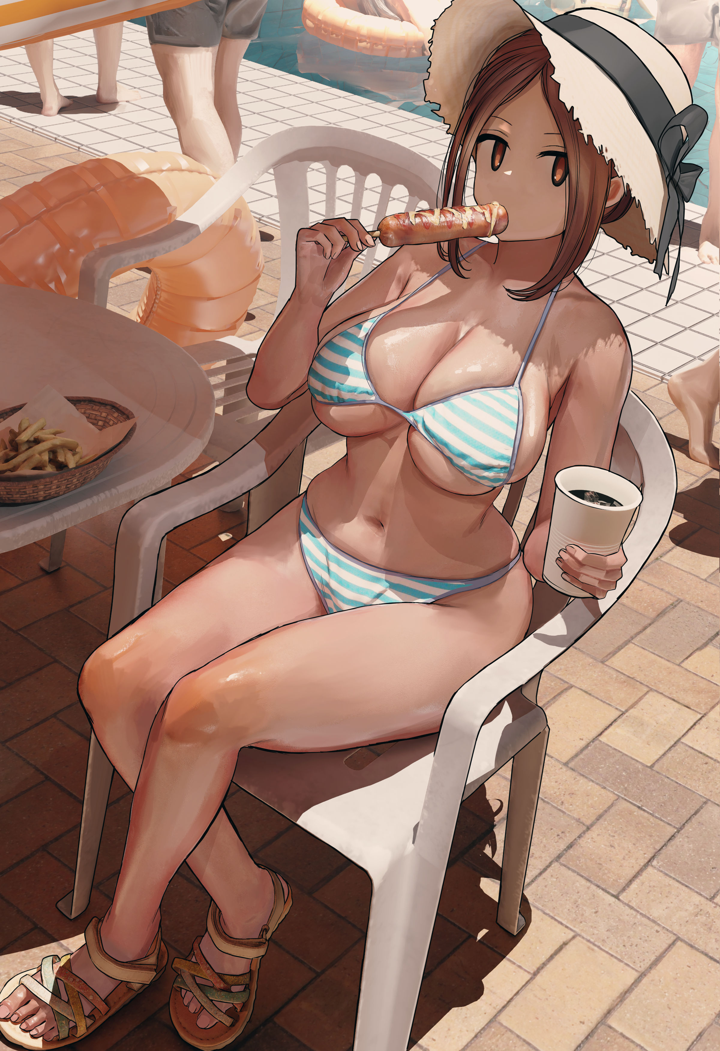 mejikara scene, original, absurdres, highres, 1girl, bare legs, bikini, breasts, brown hair, chair, collarbone, cup, eating, fingernails, food, halterneck, innertube, large breasts, looking at viewer, navel, on chair, outdoors, parted bangs, people, sandals, sausage, sideboob, sidelocks, sitting, skindentation, solo focus, stomach, string bikini, striped bikini, striped clothes, swim ring, swimsuit, underboob