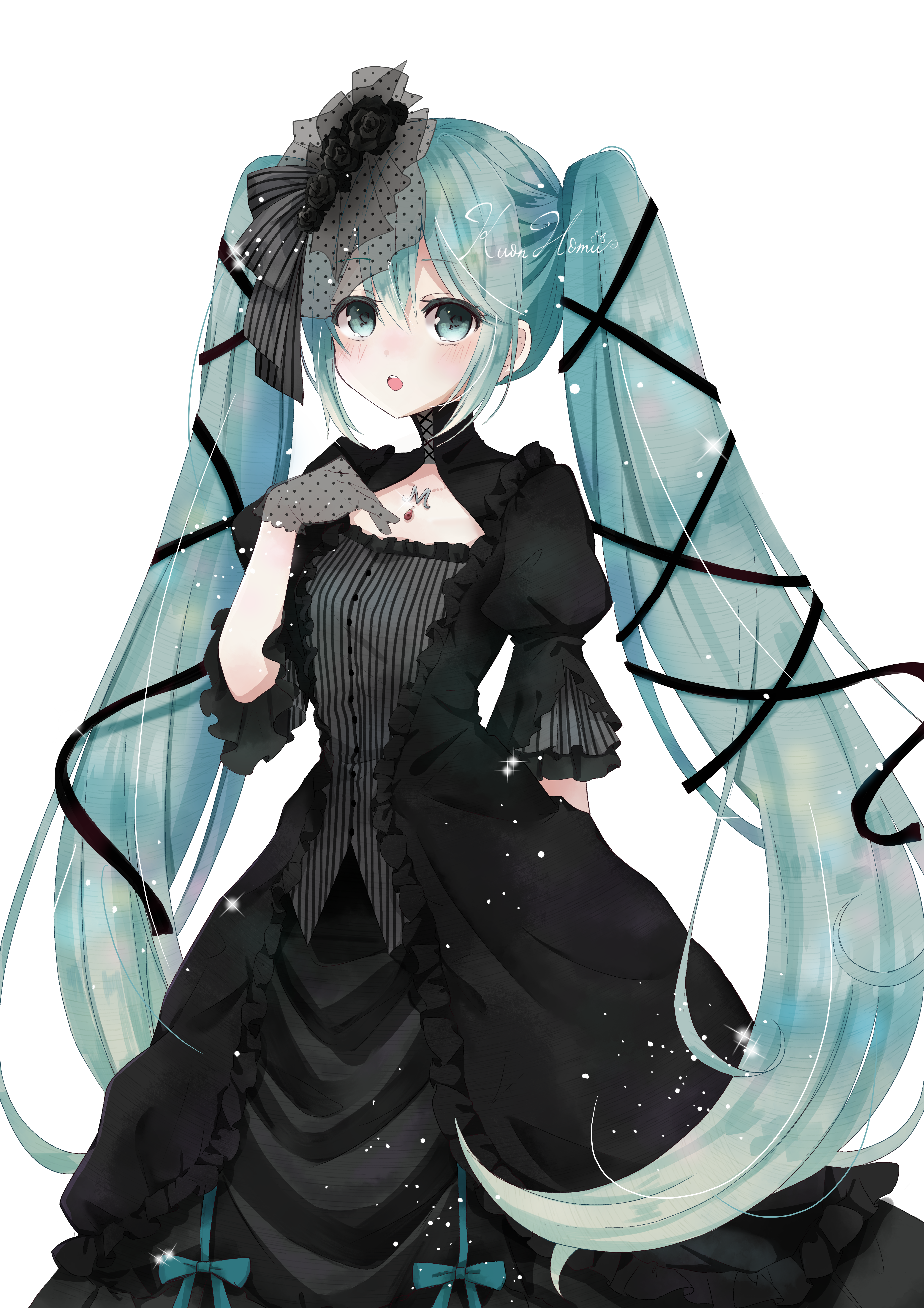 hatsune miku, vocaloid, absurdres, highres, 1girl, above-cleavage cutout, aqua hair, black bow, black dress, black flower, black gloves, black ribbon, black rose, blue bow, blue eyes, bow, clothing cutout, collarbone, dress, dress bow, feet out of frame, flower, frilled dress, frilled sleeves, frills, gloves, gothic lolita, gown, hair between eyes, hair bow, hair flower, hair ornament, hair ribbon, hand on own hip, homu (pixiv 61217676), light blush, light particles, lolita fashion, long dress, long hair, looking at viewer, open mouth, outline, polka dot gloves, puffy short sleeves, puffy sleeves, ribbon, rose, see-through clothes, see-through gloves, short sleeves, sign, simple background, solo, standing, striped bow, tress ribbon, turtleneck, turtleneck dress, twintails, vertical-striped sleeves, very long hair, white background, white outline