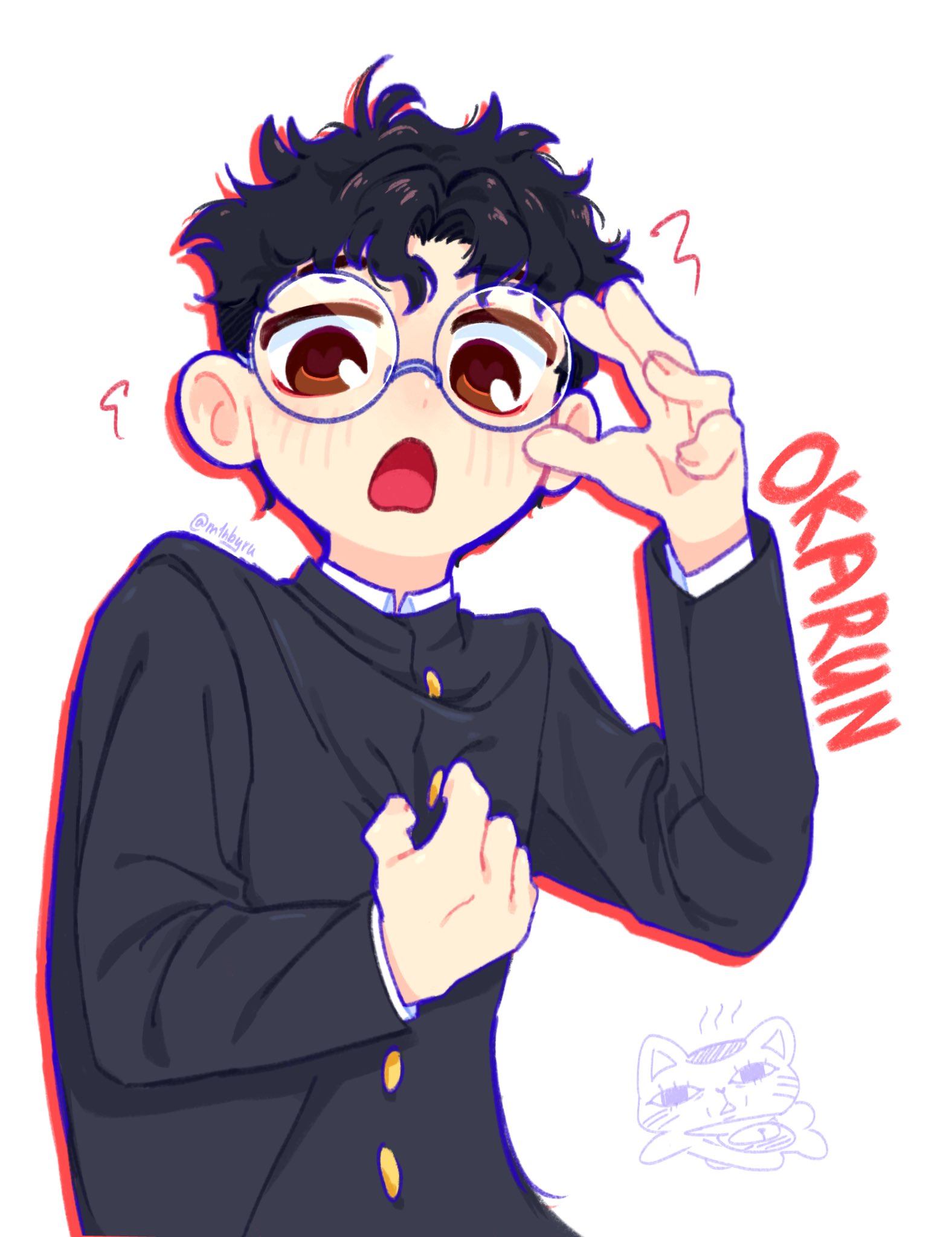 takakura ken (dandadan), turbo granny (dandadan), dandadan, commentary, highres, symbol-only commentary, 1boy, black hair, black jacket, blush, brown hair, character name, gakuran, glasses, jacket, kami high school uniform, long sleeves, looking at viewer, maneki-neko, open mouth, round eyewear, rubymin, school uniform, short hair, simple background, solo, solo focus, twitter username, upper body, white background