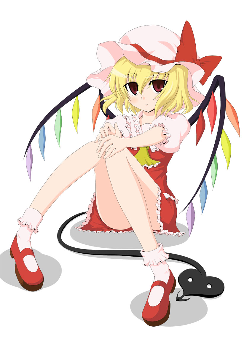 blue pony, bluepony, flandre scarlet, embodiment of scarlet devil, touhou, 1girl, blonde hair, female focus, frown, full body, hat, knees together feet apart, miniskirt, mob cap, red hair, red shoes, shoes, simple background, sitting, skirt, socks, solo, white background, white socks, wings