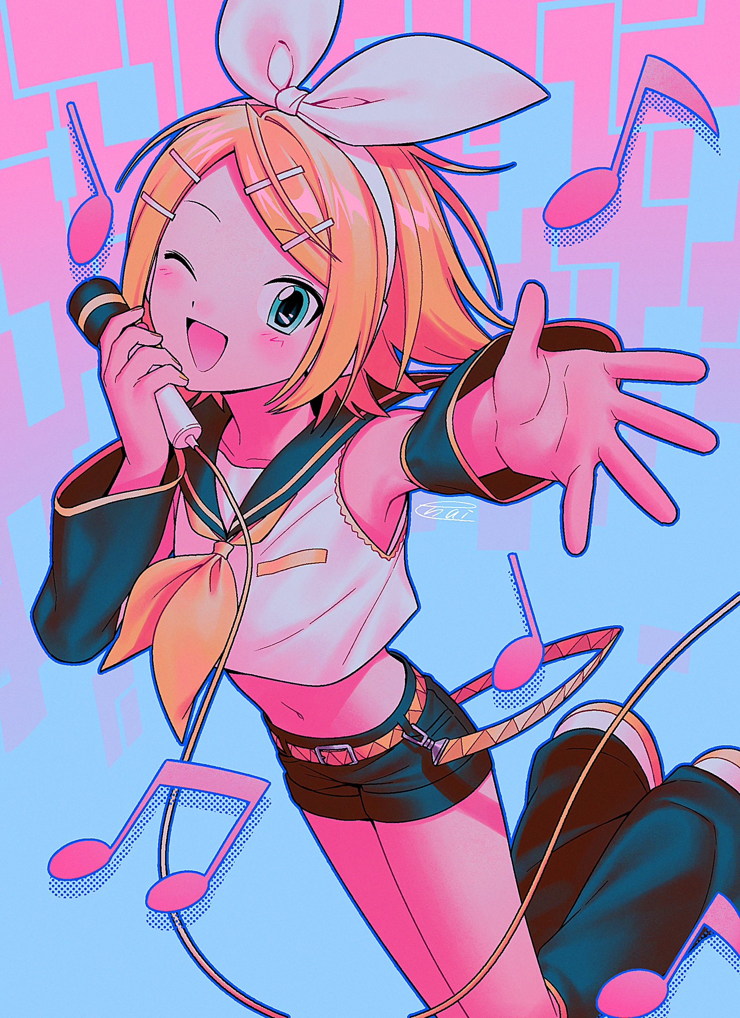 menma (enaic31), kagamine rin, vocaloid, commentary request, highres, 1girl, ;d, bare shoulders, belt, black sailor collar, black shorts, black sleeves, black socks, blonde hair, blue background, blue eyes, blue outline, bow hairband, chromatic aberration, crop top, cropped shirt, detached sleeves, faux retro artstyle, film grain, fingernails, flat chest, flipped hair, full body, hair ornament, hairband, halftone, halftone background, hand on own cheek, hand on own face, hands up, headphones, holding, holding microphone, jumping, kneehighs, knees out of frame, long sleeves, looking at viewer, loose socks, microphone, midriff, musical note, navel, neckerchief, one eye closed, open mouth, outline, outstretched arm, pink background, reaching, reaching towards viewer, sailor collar, shirt, shoes, short hair, short shorts, shorts, signature, sleeveless, sleeveless shirt, smile, socks, solo, swept bangs, tongue, two-tone background, white hairband, white shirt, white shoes, yellow belt, yellow neckerchief, yellow trim