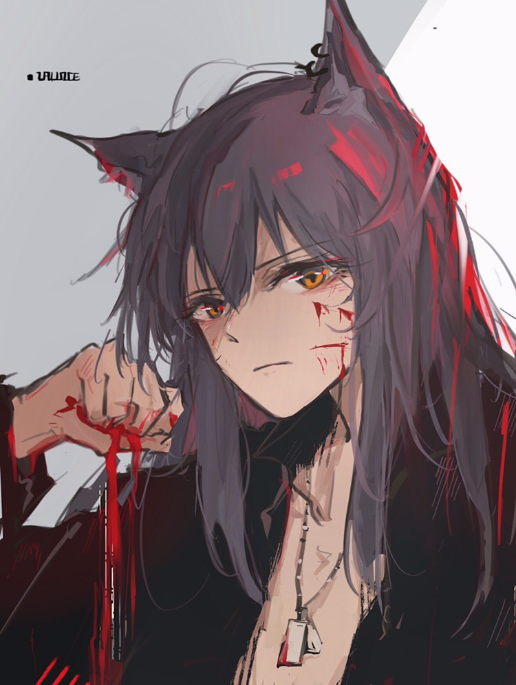 lalvice, texas (arknights), arknights, chinese commentary, commentary request, 1girl, animal ear piercing, animal ears, arm up, black hair, bleeding, blood, blood in hair, blood on face, clenched hand, closed mouth, cuts, grey background, hair between eyes, injury, looking at viewer, medium hair, orange eyes, portrait, solo, two-tone background, white background, wolf ears, wolf girl