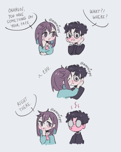 ayase momo, takakura ken (dandadan), dandadan, commentary, english commentary, 1boy, 1girl, bambieyhs, black choker, black hair, black jacket, blush, bow, bowtie, brown eyes, brown hair, choker, cropped torso, earrings, english text, full-face blush, gakuran, glasses, green sweater, grey background, hand on another's cheek, hand on another's face, jacket, jewelry, kiss, kissing cheek, looking at another, medium hair, open mouth, pink bow, pink bowtie, round eyewear, school uniform, short hair, simple background, speech bubble, sweater, tongue, tongue out, twitter username, upper body