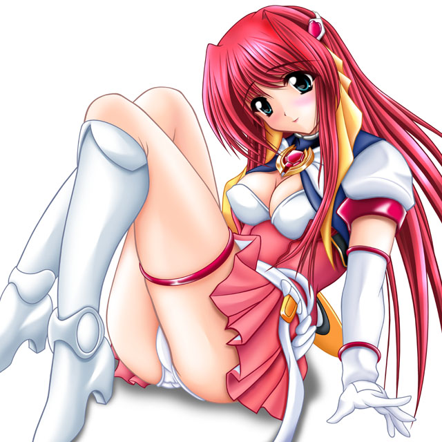 tomoya kankurou, escalayer, kouenji sayuka, choukou (alicesoft), choukou tenshi escalayer, md5 mismatch, 00s, 1girl, blush, boots, breasts, covered erect nipples, female focus, green eyes, knee boots, long hair, medium breasts, panties, pantyshot, red hair, solo, underwear, white panties