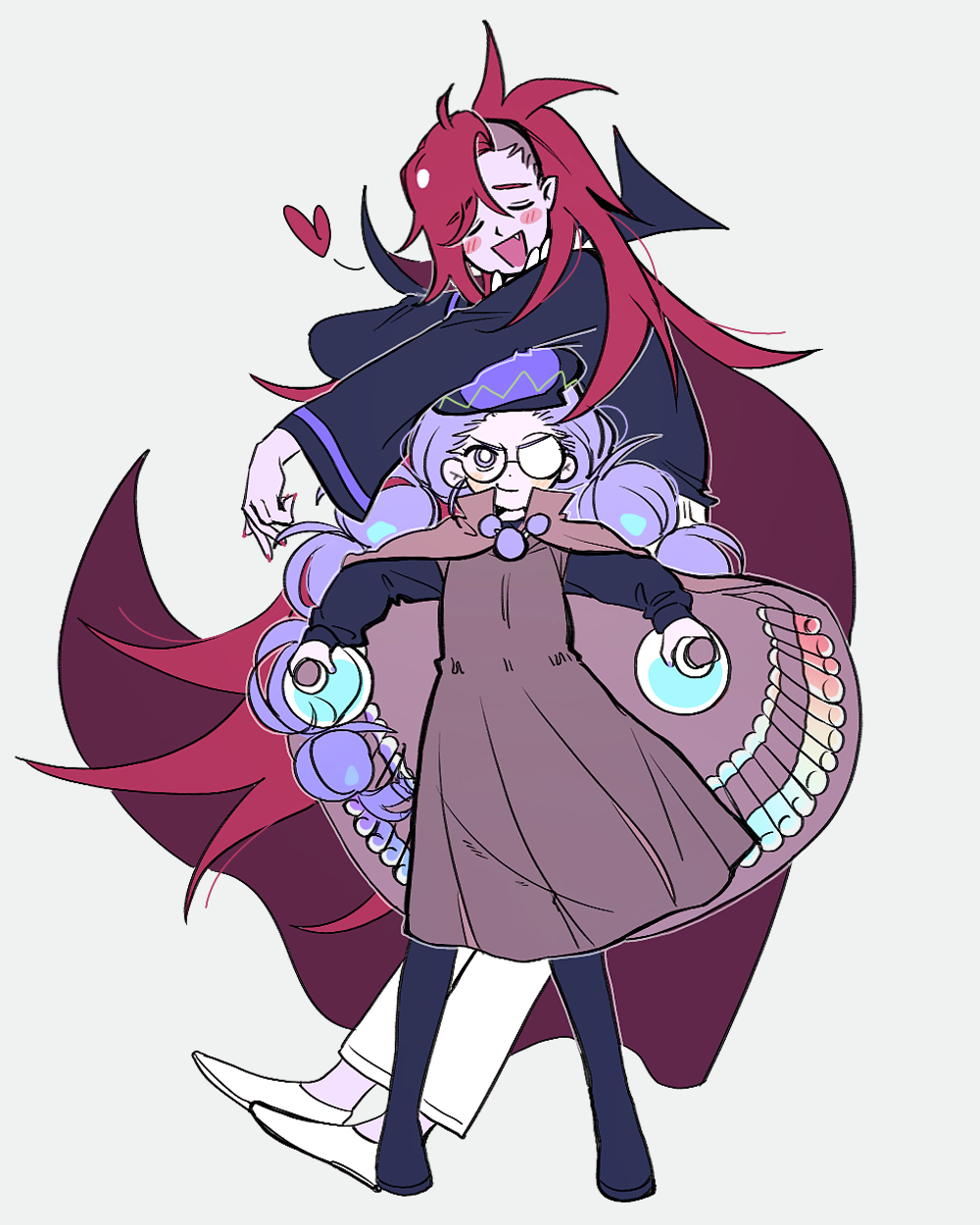 ponong, alchemist cookie, vampire cookie, cookie run, commentary request, highres, korean commentary, 1boy, 1girl, :d, arm rest, asymmetrical hair, black-framed eyewear, black boots, black hat, black shirt, boots, braid, bright pupils, brother and sister, brown capelet, brown dress, cape, capelet, closed eyes, closed mouth, dot nose, dress, facing viewer, fang, flask, full body, glasses, grey background, hair behind ear, hair between eyes, hat, heart, holding, holding flask, humanization, legs apart, legs together, long hair, long sleeves, looking at viewer, medium dress, nail polish, open mouth, pants, pointy ears, purple eyes, purple hair, red cape, red hair, red nails, round-bottom flask, round eyewear, shirt, shoes, siblings, sidecut, simple background, sleeveless, sleeveless dress, smile, standing, twin braids, u u, undercut, very long hair, white pants, white pupils, white shoes