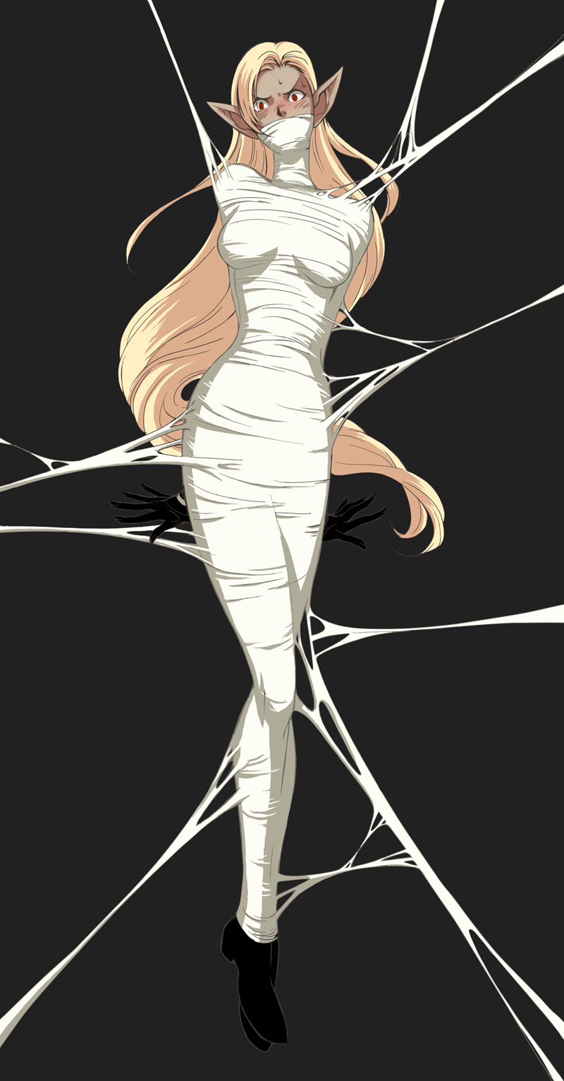 mummification, highres, 1girl, arms behind back, bdsm, blonde hair, blush, bondage, bound, cloth gag, dark-skinned female, dark skin, elf, female focus, full body, gag, gagged, glaring, improvised gag, legs together, long hair, pointy ears, red eyes, silk, simple background, solo, spider web, suspension, sweat, web, web bondage